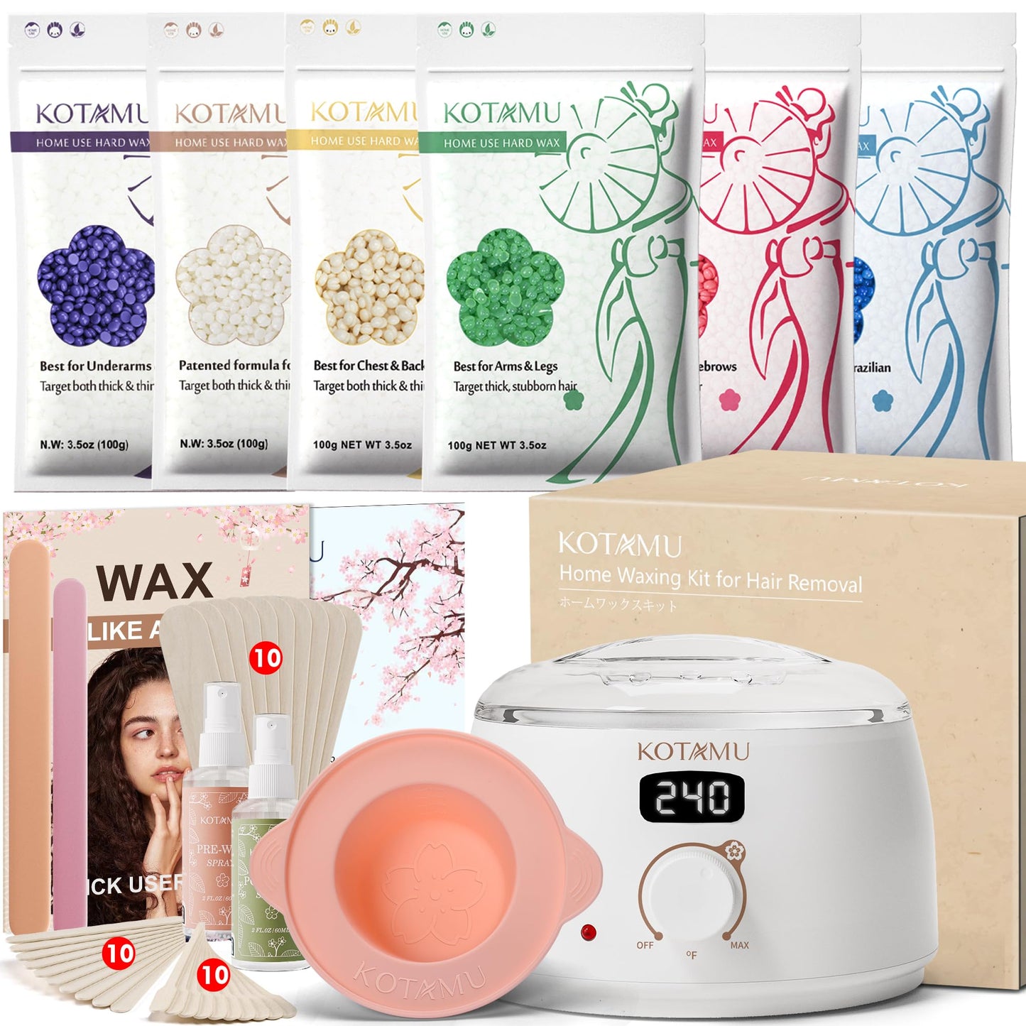 HotKOTAMU Waxing Kit for Women & Men, Pink Digital Wax Pot Warmer Hair Removal | Home Hard Wax Kit, Wax Machine, Face, Eyebrow, Bikini, Brazilian, Body, Sensitive Skin, 25 Accessories, Beginner-Friendly