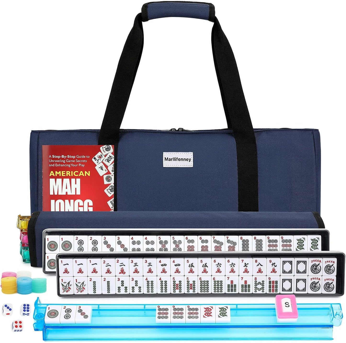 Hot American Mahjong Tile Set,166 White Tiles Mahjong Set,4 Colors Mahjong Racks,Travel Mahjong Set with Blue Carrying Bag