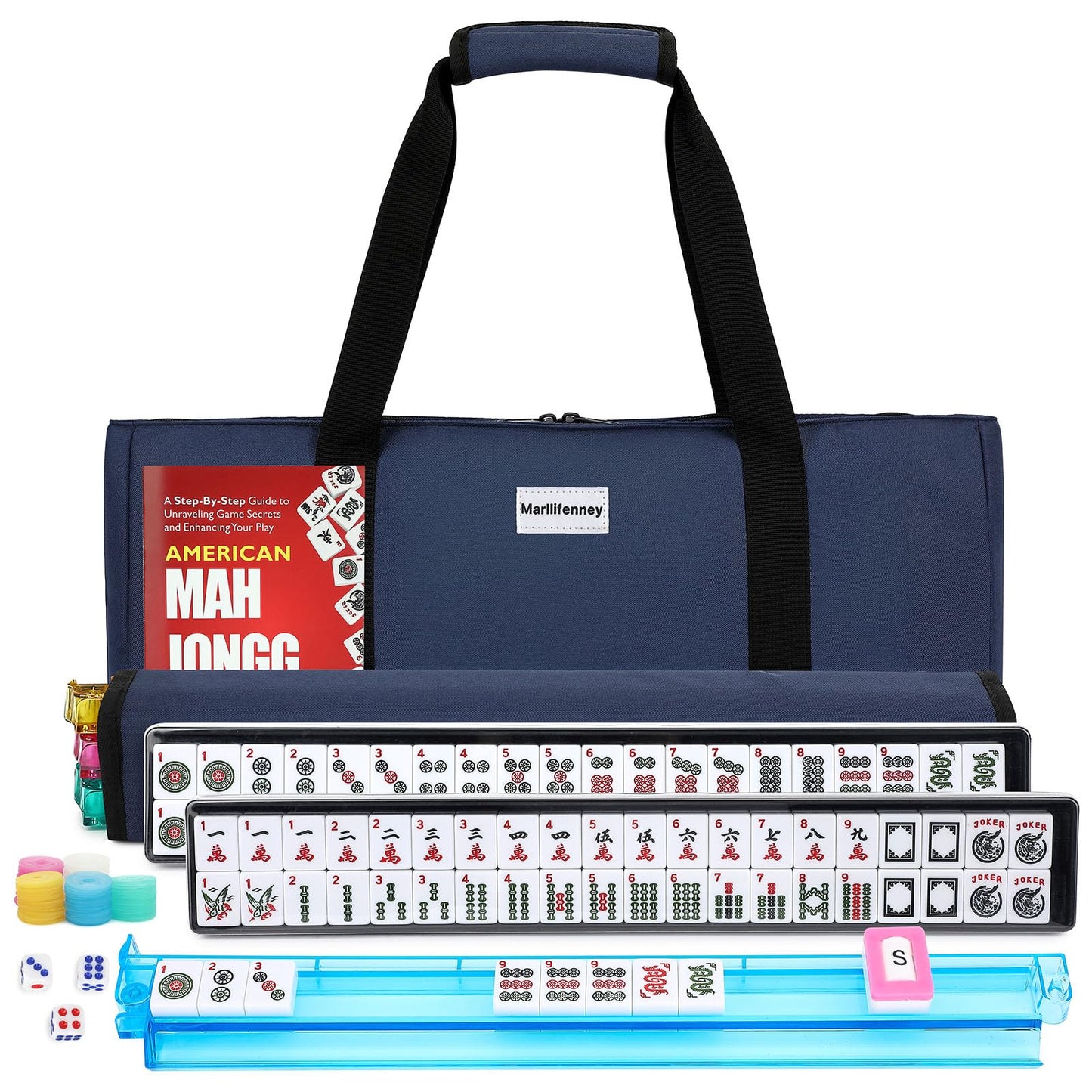 Hot American Mahjong Tile Set,166 White Tiles Mahjong Set,4 Colors Mahjong Racks,Travel Mahjong Set with Blue Carrying Bag
