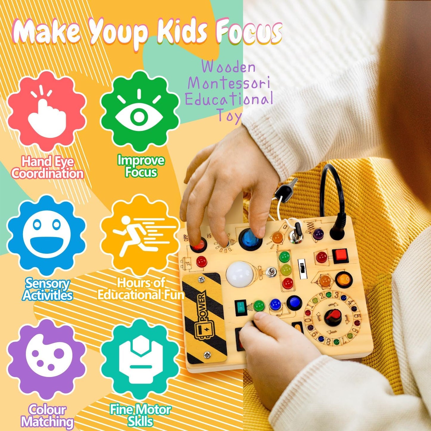 HotBusy Board with LED Light Switches, Montessori Toys for 1 2 3 Years Old, Toddlers Wooden Toy Sensory Activity Board, Travel Toys for 1+ Year Old Boy & Girl Birthday Gift