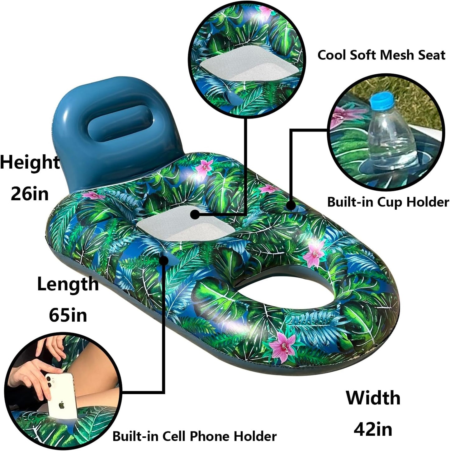 HotFindUWill Pool Floats Chairs Adult - 2 Pack 65'' x 42'' Large Pool Float Chairs, Inflatable Pool Lounger with Cup Phone Holder, Backrest, Footrest, Tanning Pool Lounge