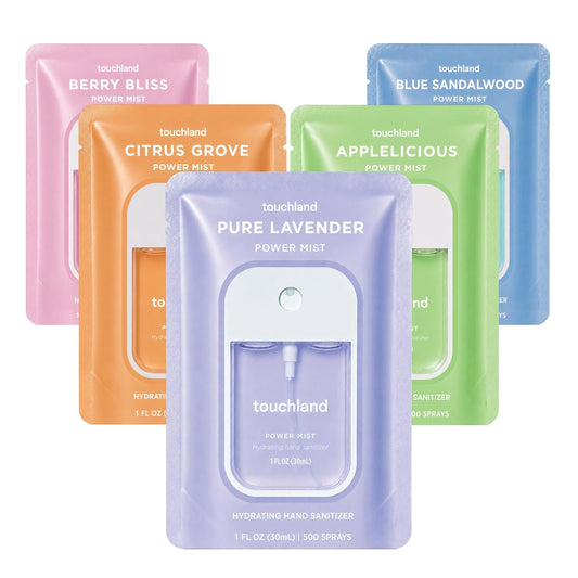 HotTouchland Top 5 Hydrating Hand Sanitizer Spray Set Travel Size | TSA ready Power Mist with skincare benefits. Applelicious, Berry Bliss, Blue Sandalwood, Citrus Grove and Pure Lavender