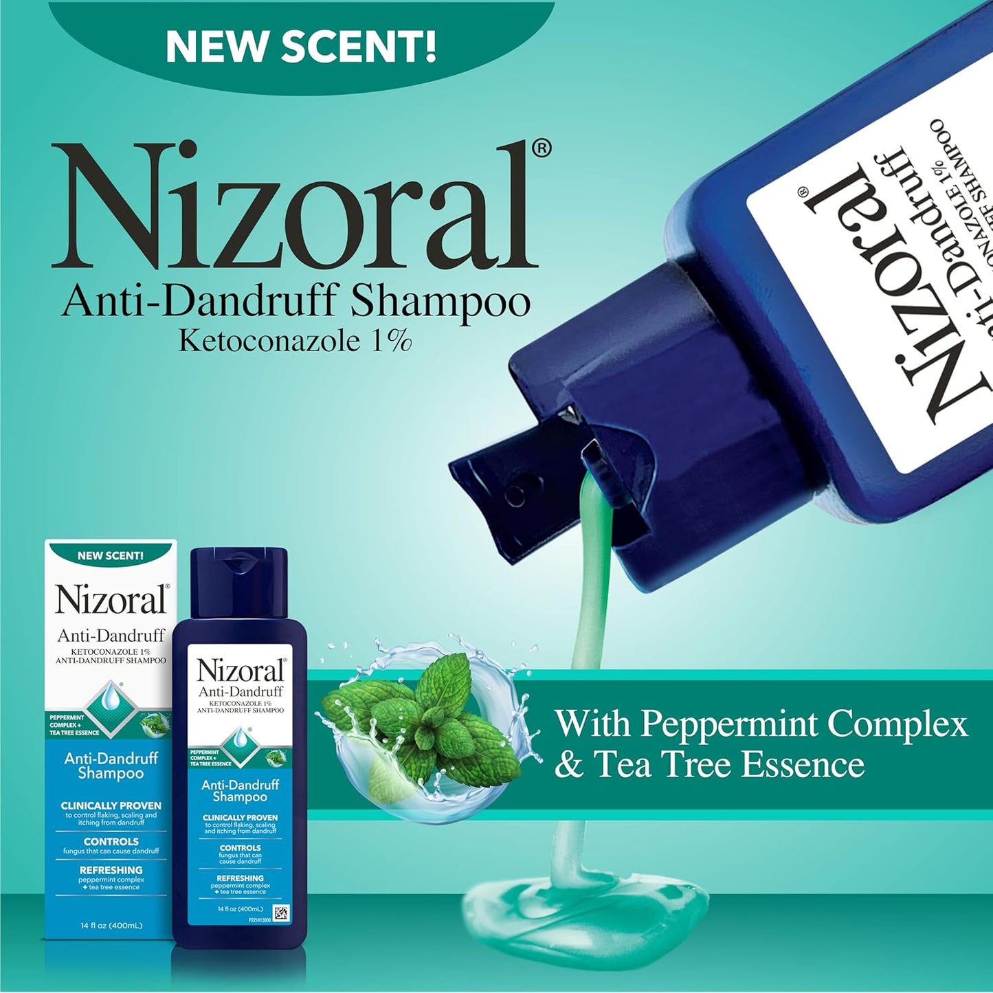 HotNizoral Anti-Dandruff Shampoo with 1% Ketoconazole, 14 Fl Oz, Peppermint and Tea Tree Scent, Anti Fungal Shampoo, For All Hair Types