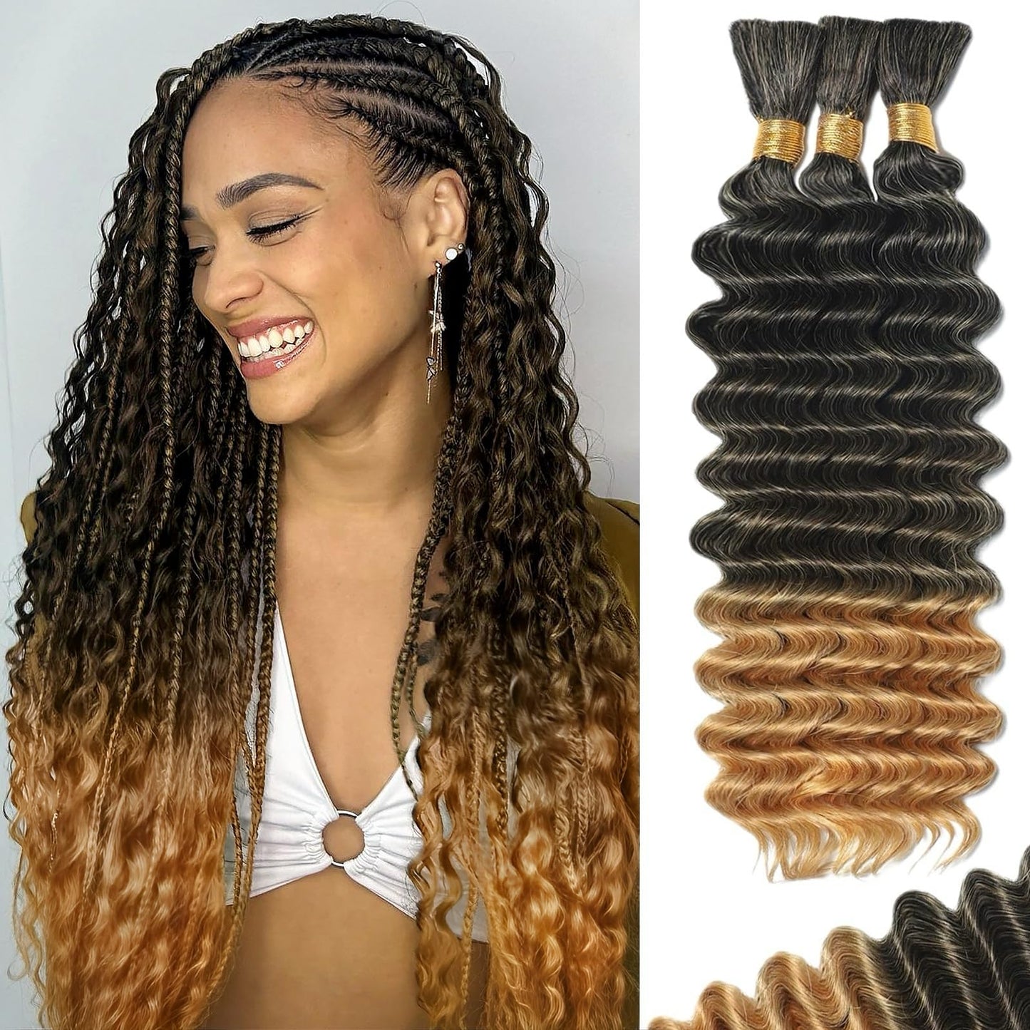 HotMOTFIN Human Braiding Hair for Boho Braids 20 Inch Curly Wave Bulk Bundles | 110g Boho Hair for Braiding, 12A 100% Virgin, Long-lasting, Tangle Free, Deep Wave, Knotless Bohemian Braid, Natural Color