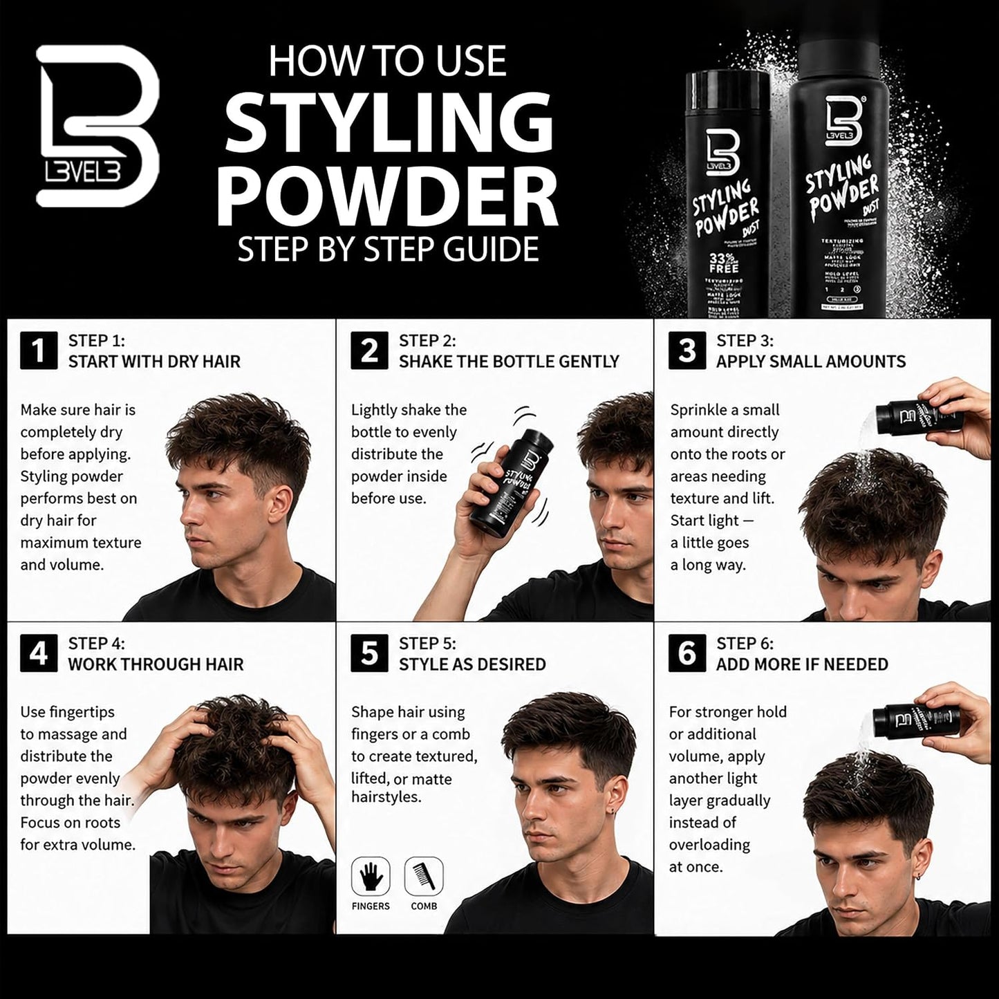 HotL3 Level 3 Styling Powder - Natural Look Mens Powder - Easy to Apply with No Oil or Greasy Residue (Large - 60 Grams)