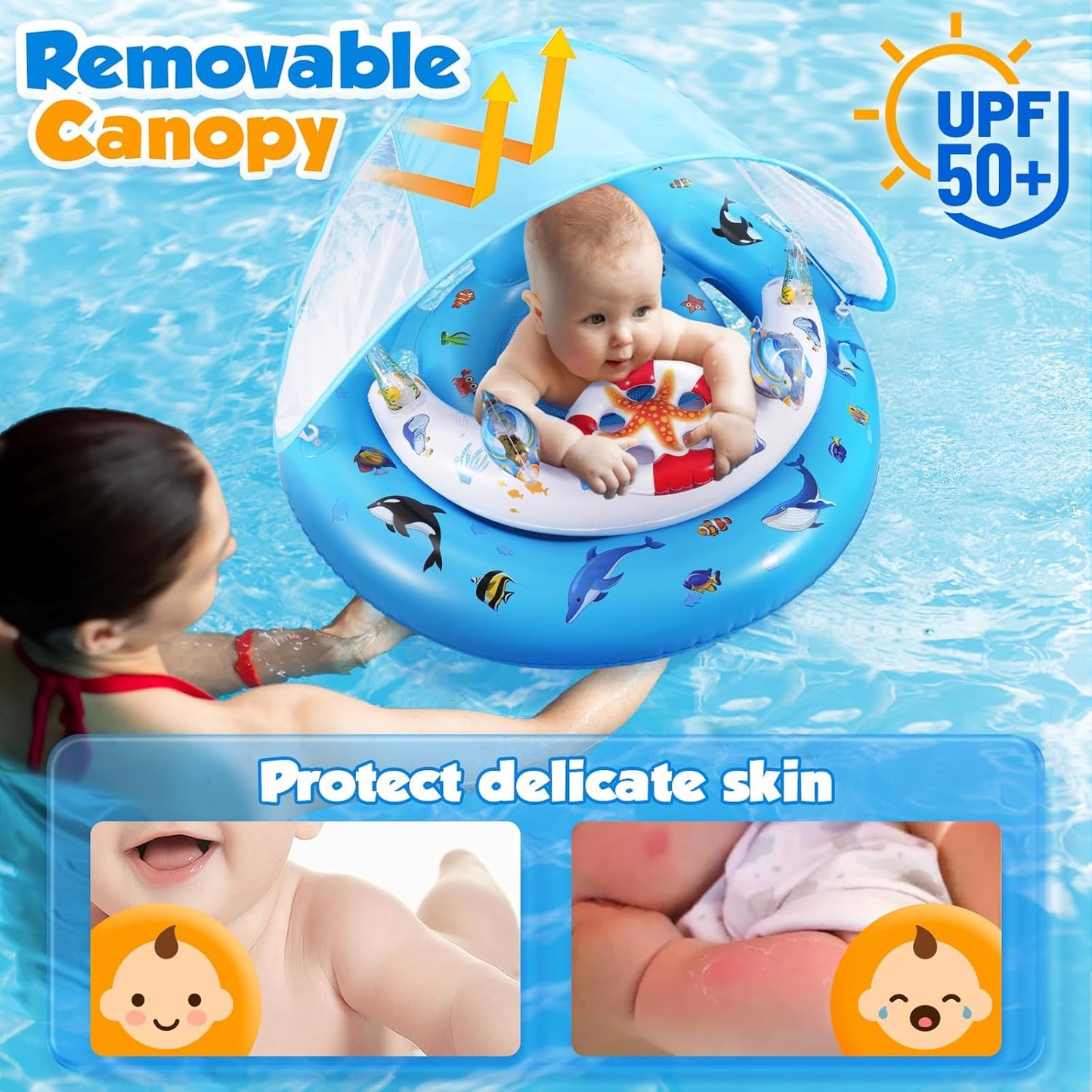 HotBaby Pool Float with Canopy UPF50+ Sun Protection, Inflatable Kids Pool Floats with Toy Play Console for Baby 6-36 Months, Infant Swimming Float with Adjustable Safety Seat for Boys Girls