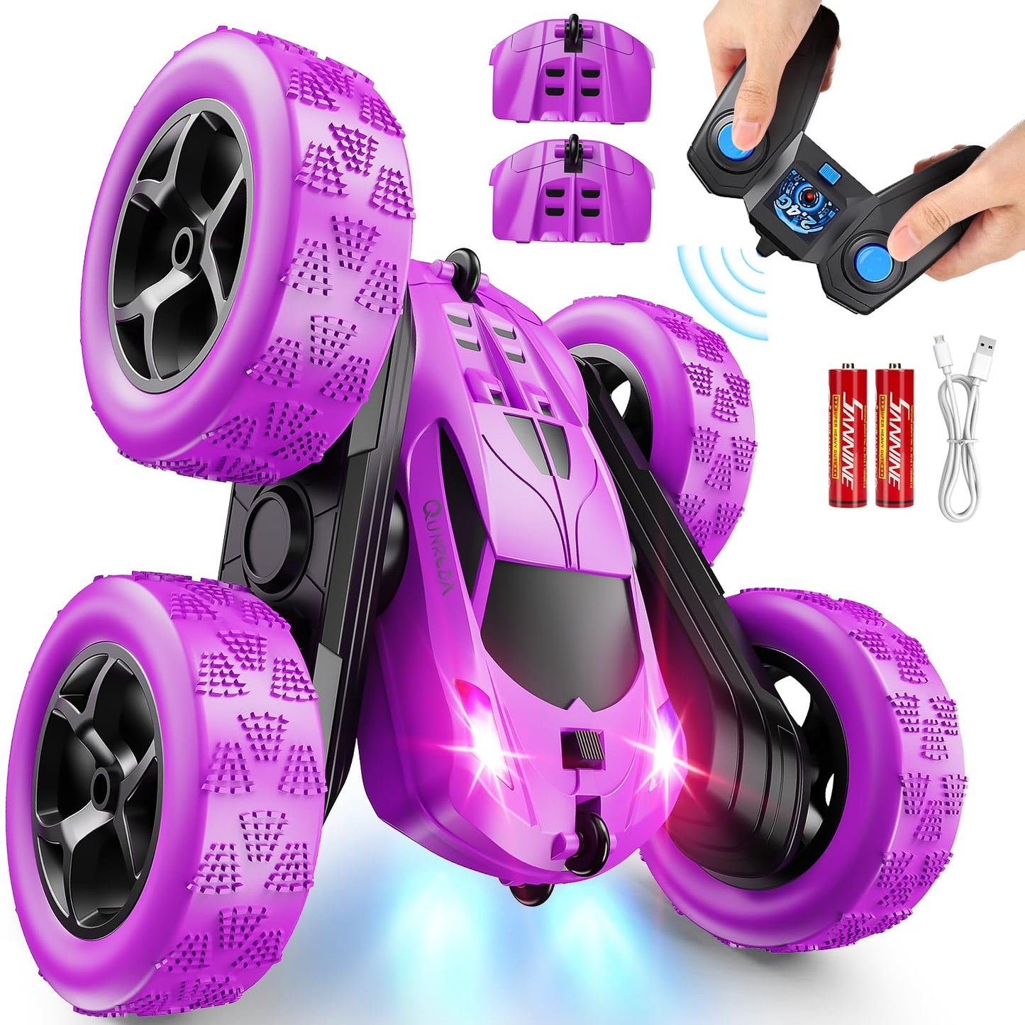 HotQUNREDA RC Cars, Pink Remote Control Car for Girls, 2.4 GHZ Double Sided RC Stunt Car 360° Rotating Remote Control Crawler with Headlights Car Toys for 6 7 8 9 10 11 12 Girls Birthday Gift Grandkids