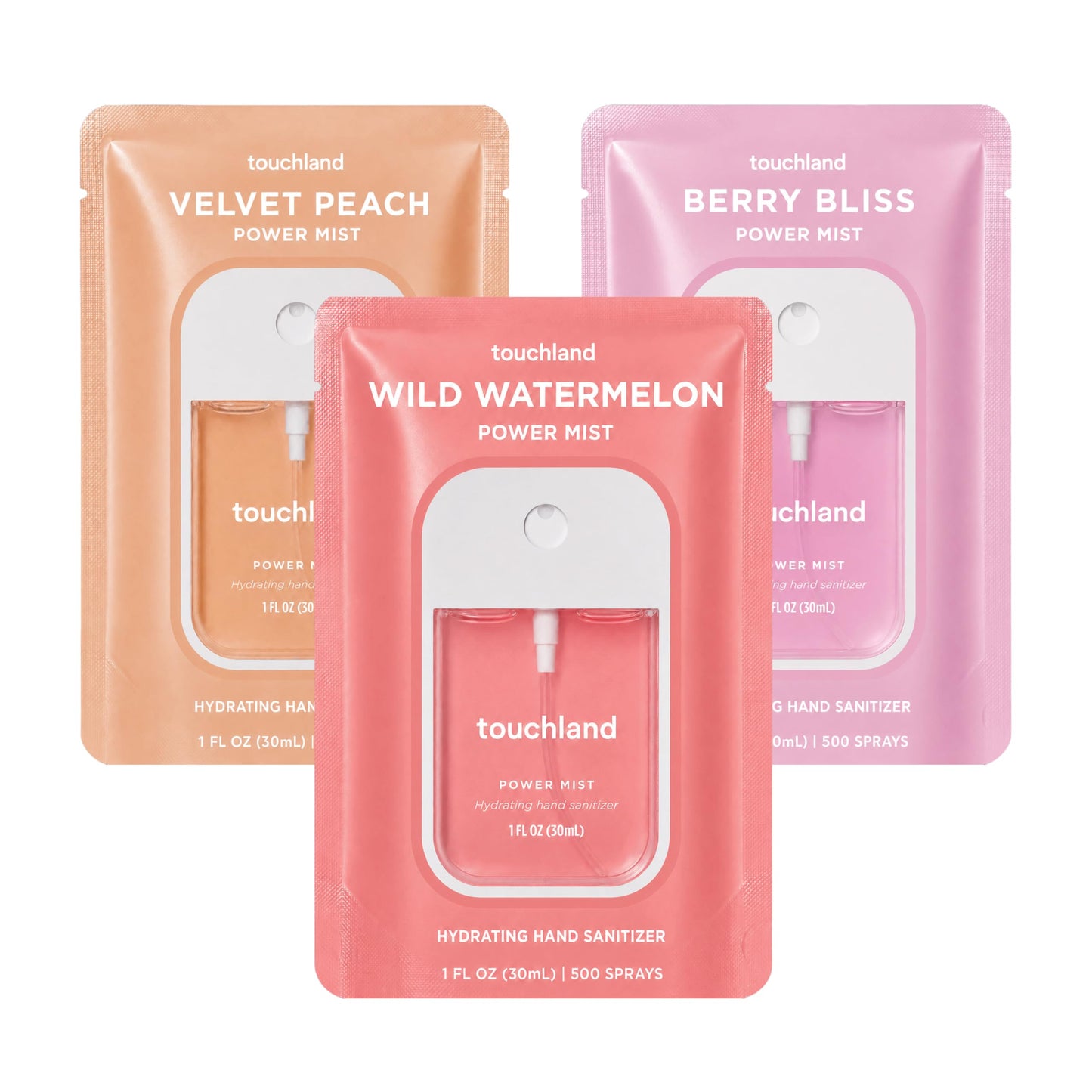 HotTouchland Dye Free Trio Hydrating Hand Sanitizer Spray Set Travel Size | TSA ready Power Mist with skincare benefits. Rainwater, Beach Coco and Unscented.