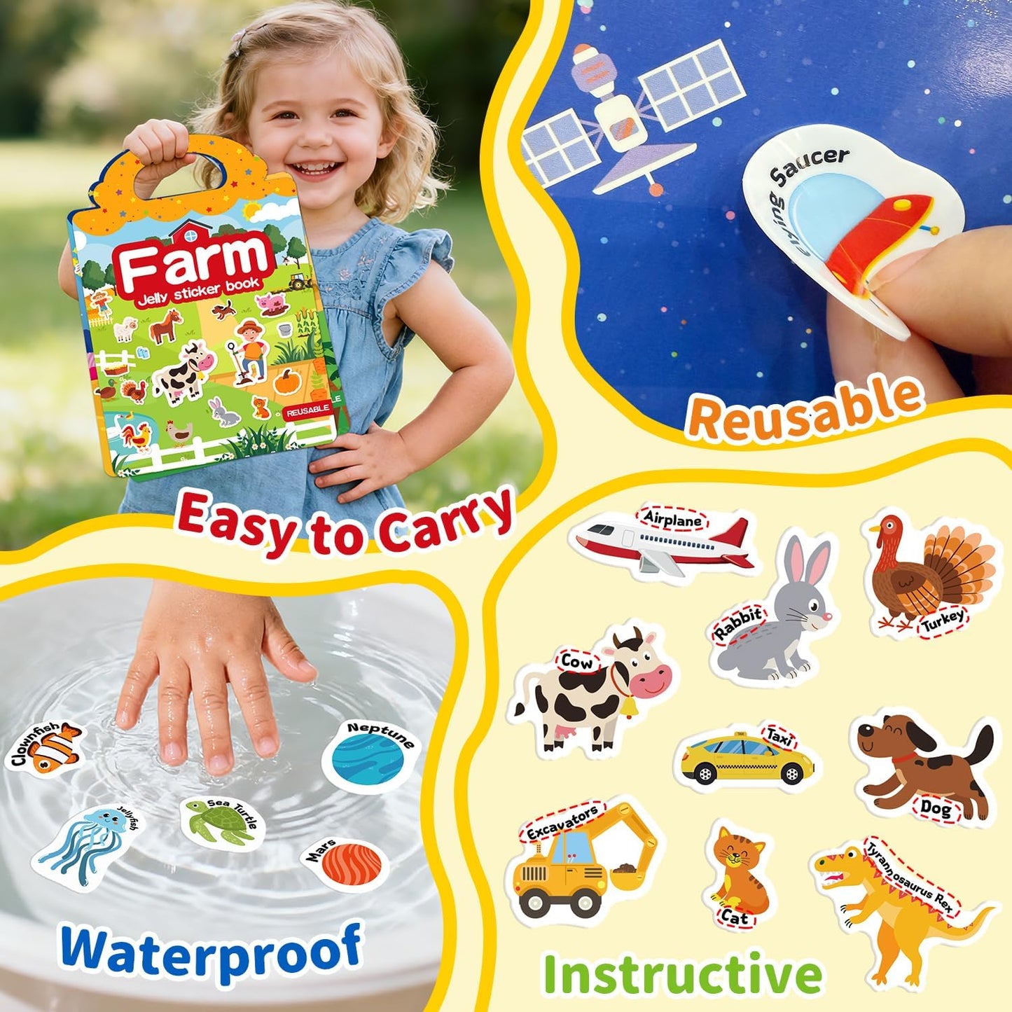Hot6 Sets Reusable Sticker Book for Toddlers 3-6, Jelly Stickers Book for Kids, Travel Sticker Activity Toys for Childs 3 4 5 6 Years Girls & Boys Best Gifts