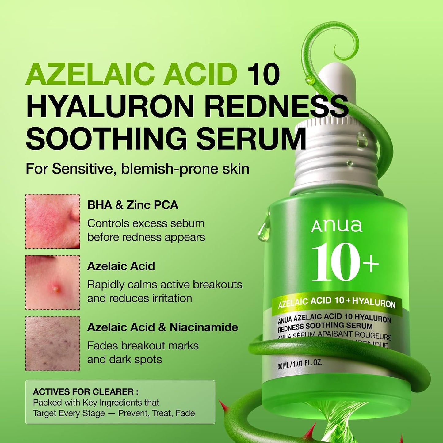 HotAnua Azelaic Acid 10 Hyaluron Redness Soothing Serum, Facial Serum for Blemish-Prone & Oily-Prone Skin, Lightweight & Hydrating Blemish Care, Hyaluronic Acid, Korean Skincare, 1.01 fl oz.