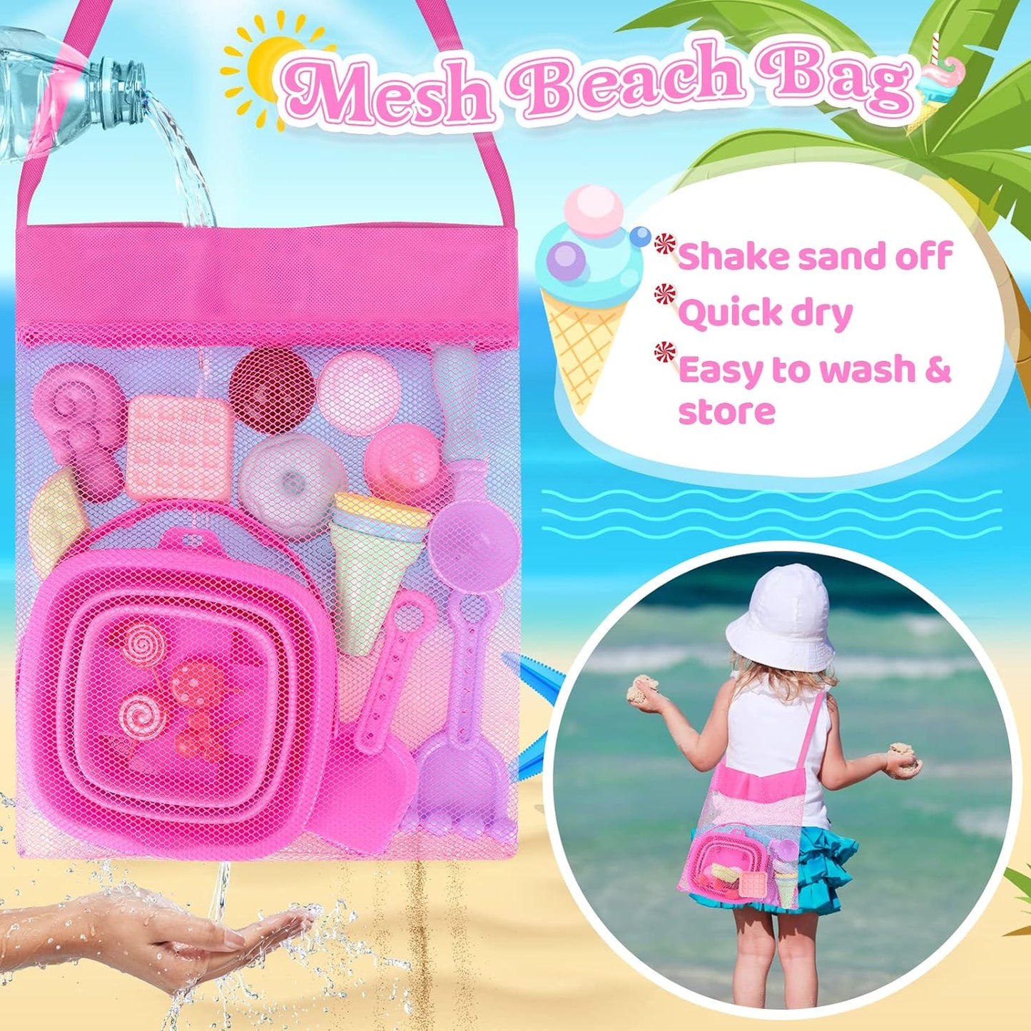 HotCollapsible Beach Toys Set for Kids Toddlers Girls, Collapsible Sand Bucket and Shovels Set with Mesh Bag & Sand Molds, Ice Cream Travel Sand Toys for Beach, Sandbox Toys for Toddlers Kids Age 3-10