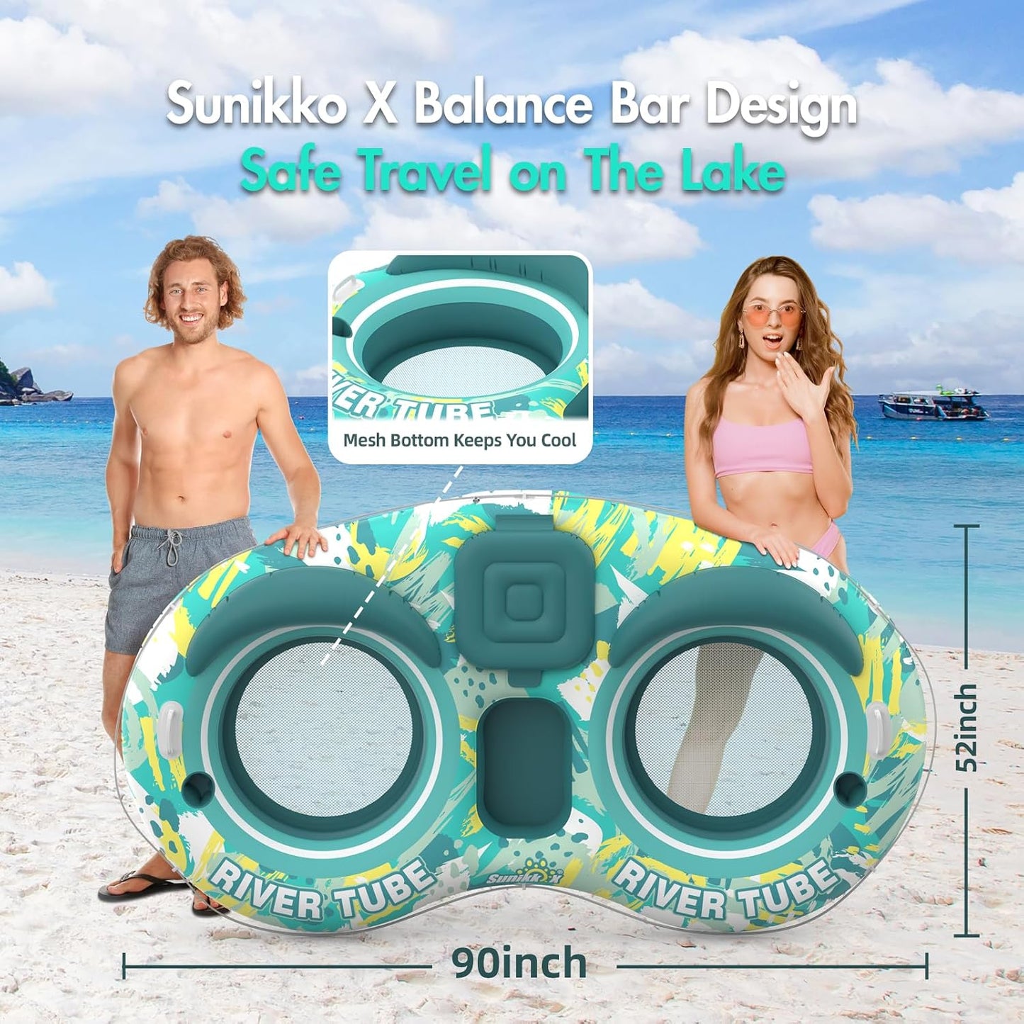 Hot Sunikko X 5-in-1 Pool Floats Adult Heavy Duty River Tube, 2 Person Water Lounge Tanning Pool with Backrests, Built-in Cooler, Cup Holders, Deluxe Pool Toys for Summer Relaxation