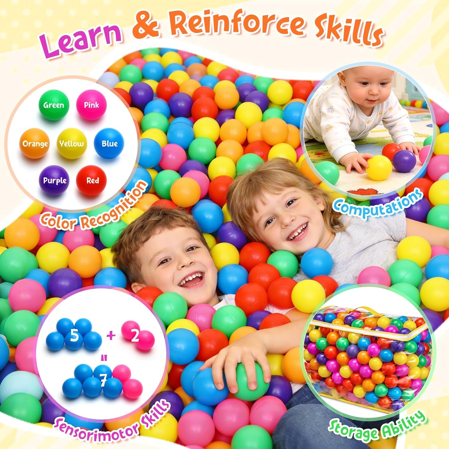 HotHovenlay Ball Pit Balls Phthalate Free BPA Free Crush Proof Plastic - 7 Bright Colors in Reusable Play Toys for Kids with Storage Bag
