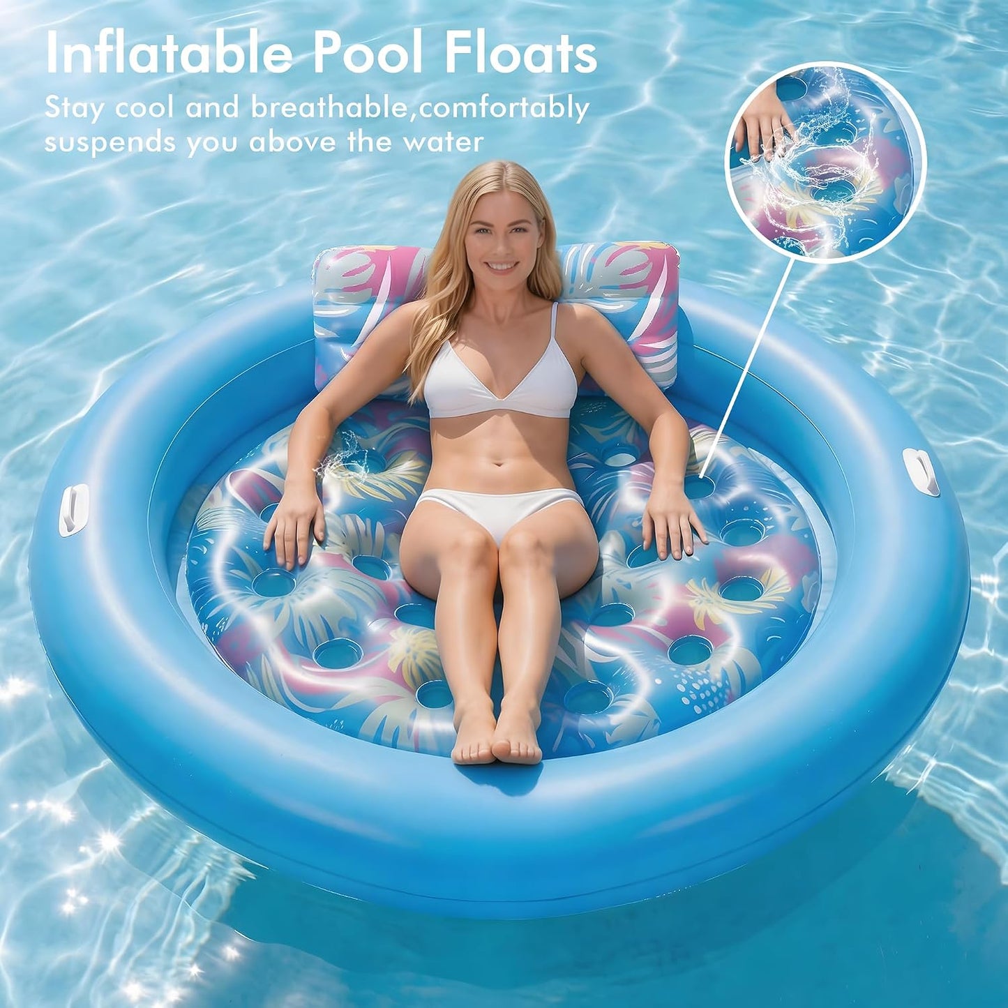 Hot Pool Floats Adult Heavy Duty, OKSUWATER 75" x 75" Giant Inflatable Pool Float with Removable Pillow & Handles, Tanning Pool Lounger Floaties Bed for Swimming Pool Beach Outdoor Summer Party (Blue-XL)