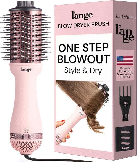 HotL'ANGE HAIR Le Volume 2-in-1 Titanium Blow Dryer Brush | Frizz Control Blowout Hair Dryer Brush For Drying And Straightening | Volumizing Hot Air Styler For All Hairstyles | Oval Barrel | Blush - 75mm