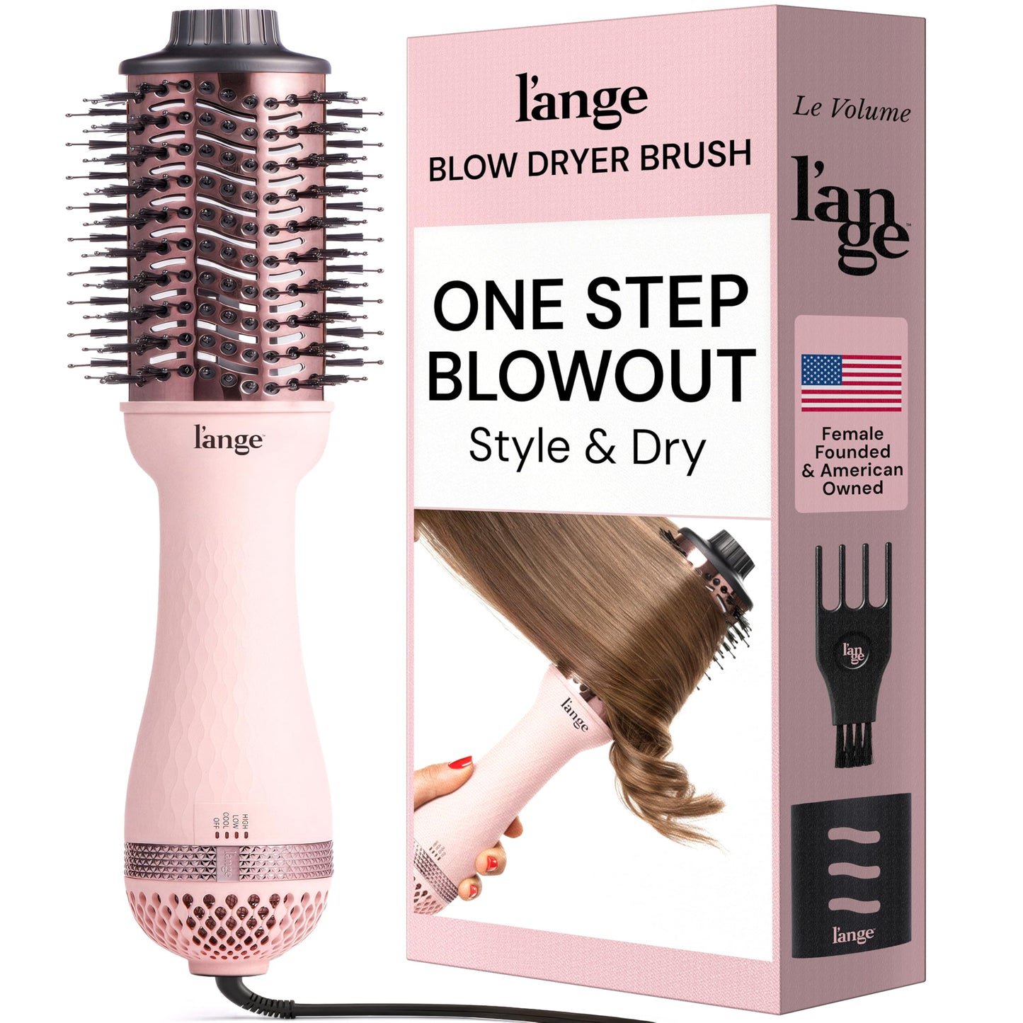 HotL'ANGE HAIR Le Volume 2-in-1 Titanium Blow Dryer Brush | Frizz Control Blowout Hair Dryer Brush For Drying And Straightening | Volumizing Hot Air Styler For All Hairstyles | Oval Barrel | Blush - 75mm