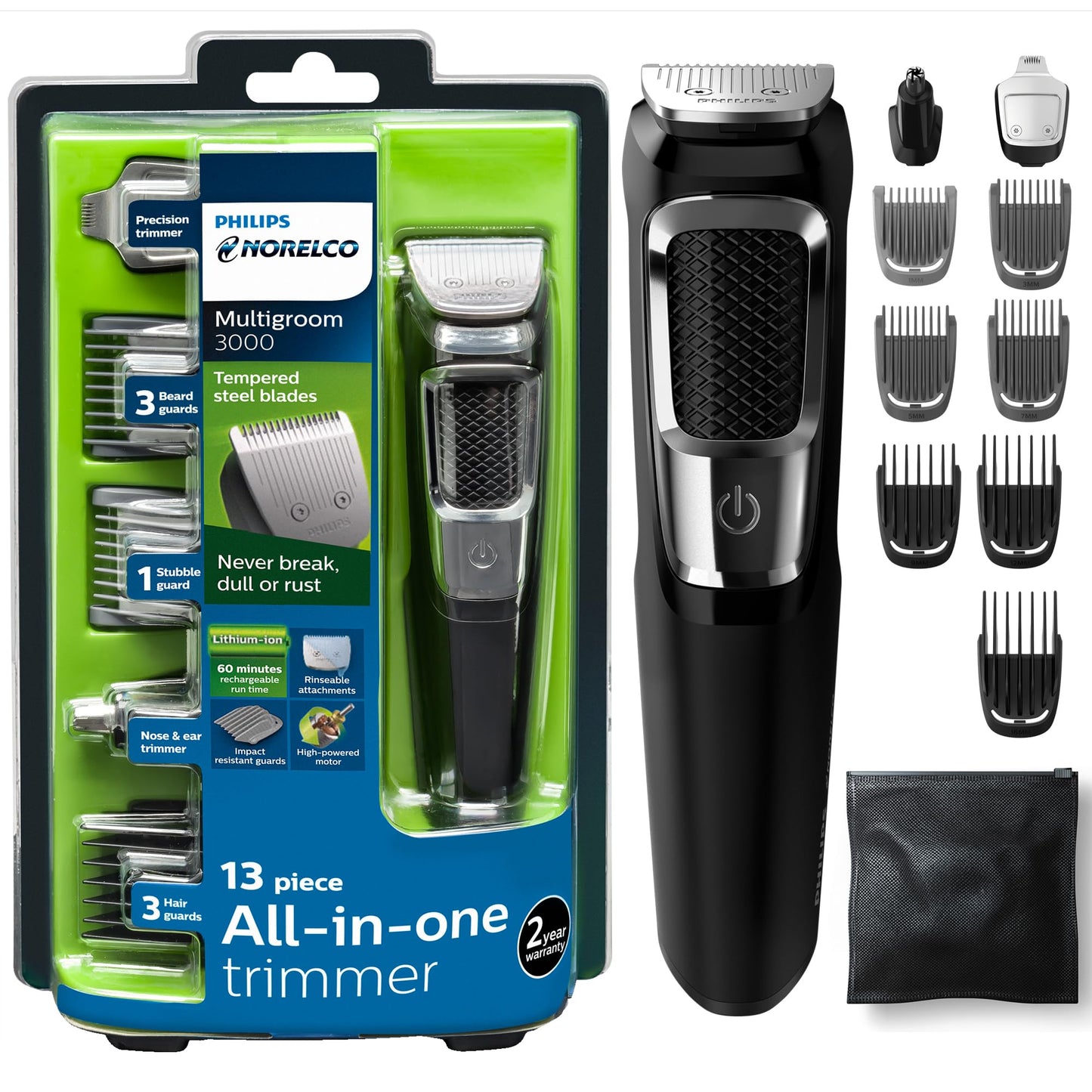 HotNorelco Philips All-in-One 3000 Series 13 in 1 Trimmer for Men, Beard Trimmer & Head Hair Clipper, Full Metal Self-Sharpening Blades & 8 Length Settings, MG3939/50