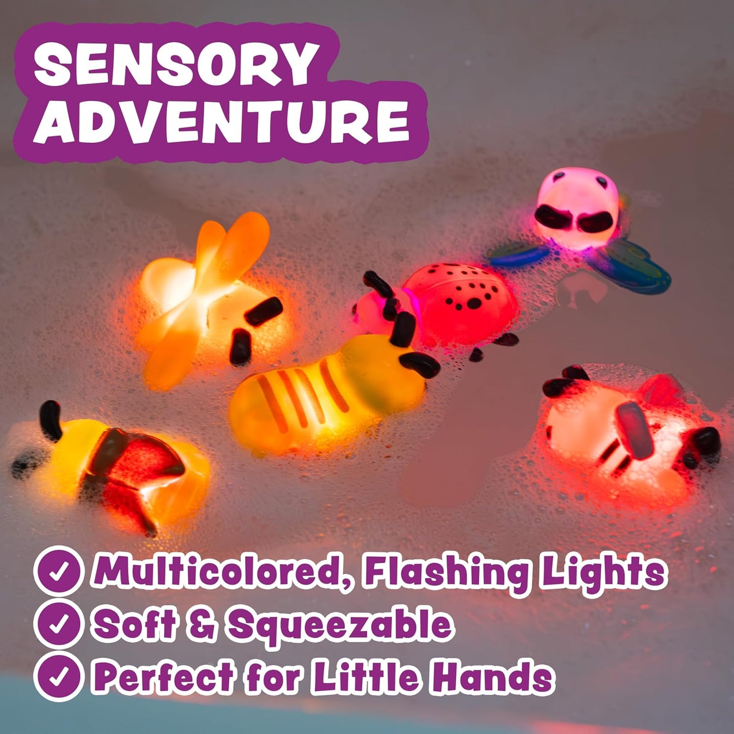 HotTub Works® Bugs™ Light Up Bath Toys, 6 Pack | Water-Activated Light Up Toys Flash & Change Color | Easy-Grip Baby Girl & Toddler Bath Toys | Glow Bugs for Kids | Sensory Bathtub Toys with Bath Lights