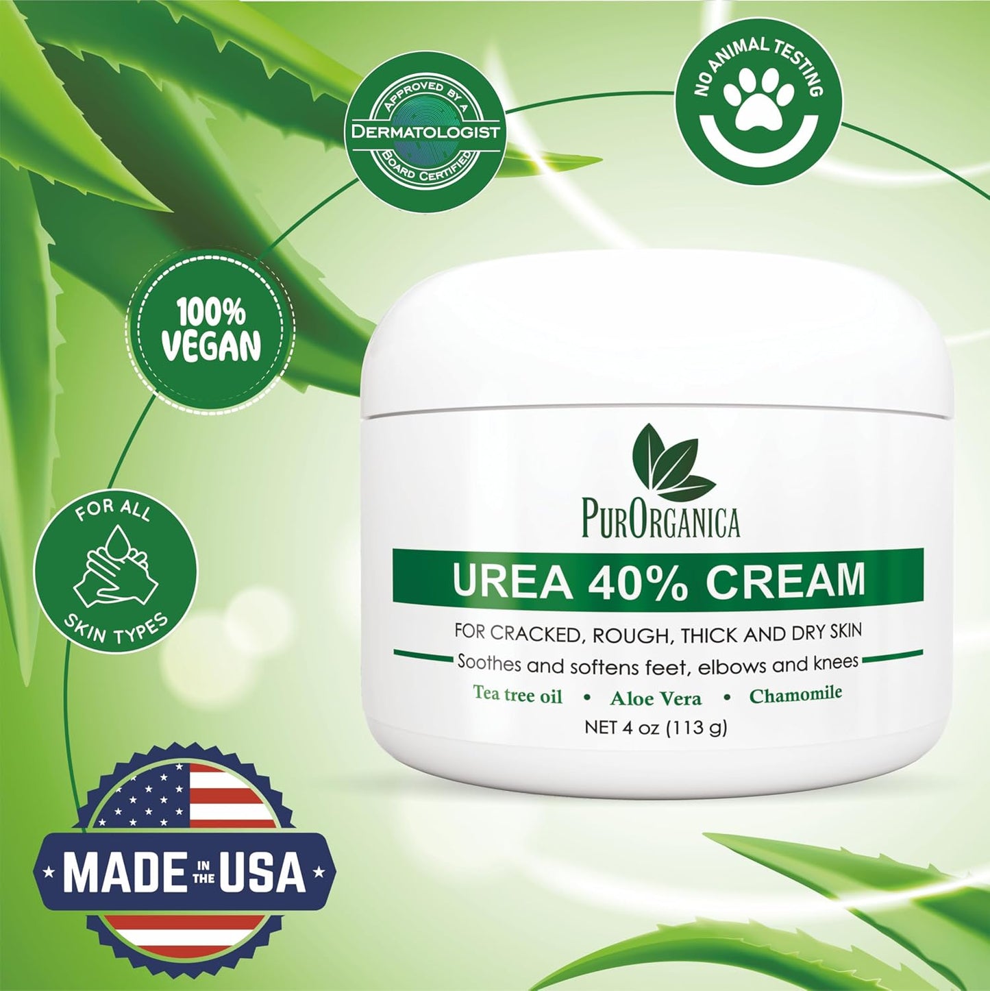 HotPurOrganica Urea Cream 40% – Made in USA, Maximum Strength Foot Cream for Dry, Cracked Heels, Corns, Calluses & Rough Feet, Exfoliating Moisturizer