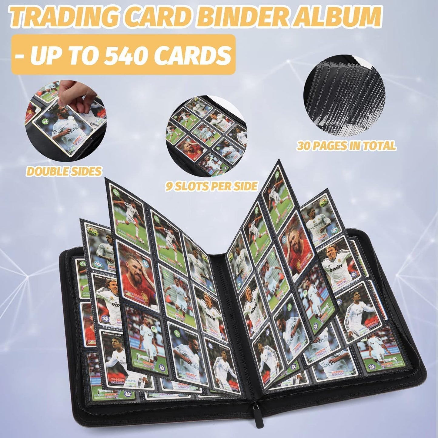 Hot 9 Pocket Card Binder, Premium Zip Trading Card Binder, 540 Double Sided Pocket PU Collection Binder, Collector Album, Card Folder for MTG, TCG, Sports Cards (Black)