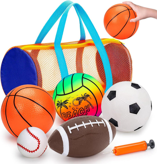 Hot 5 Pack Sports Balls for Toddlers 1-3 Outdoor Toys Football Soccer Basketball Baseball with Bag 1 2 Year Old Boy Toys Sport Bouncy Pool Balls Outside Playground Toddler 1-3 2-4 3-5 Birthday Boys Gifts