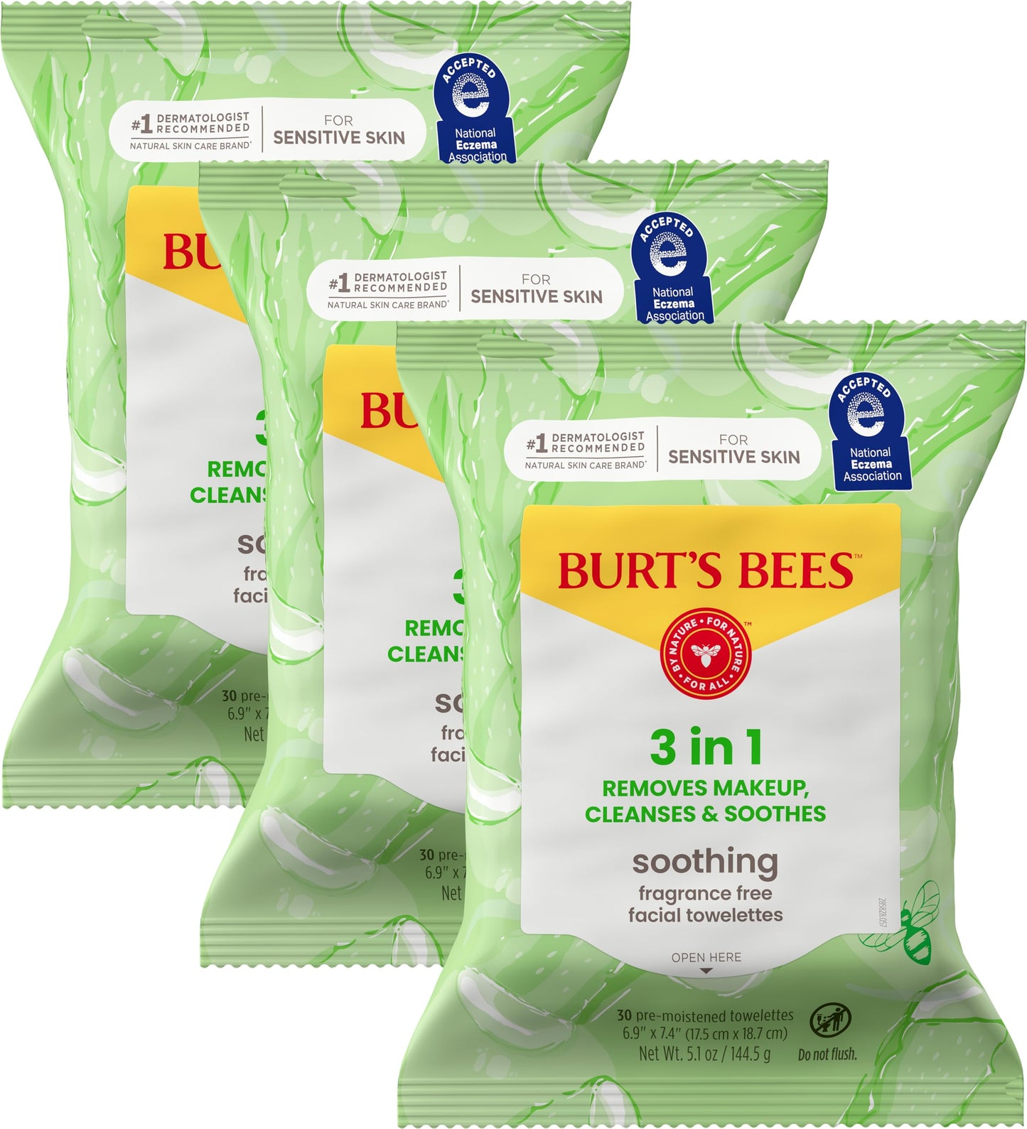 HotBurt's Bees Soothing Fragrance Free Facial Towelettes with Aloe Vera, 100 Percent Plant Based Cloth Makeup Remover Wipes for Sensitive Skin, 99 Percent Natural Origin Skin Care, 30 ct., Three Pack