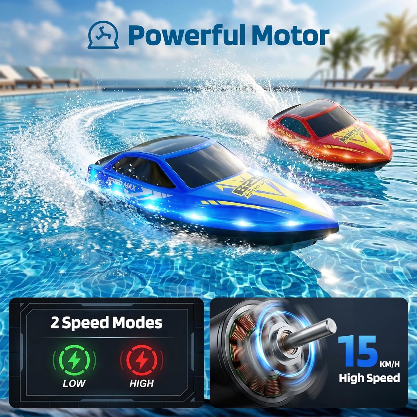 Hot Remote Control Boat for Kids, RC Boat for Pool, Lake, River and Pond with LED Lights, Self-Righting, Waterproof, Fast Speed Racing Electric Boats 2 Speed Modes 60mins Rechargeable Batteries