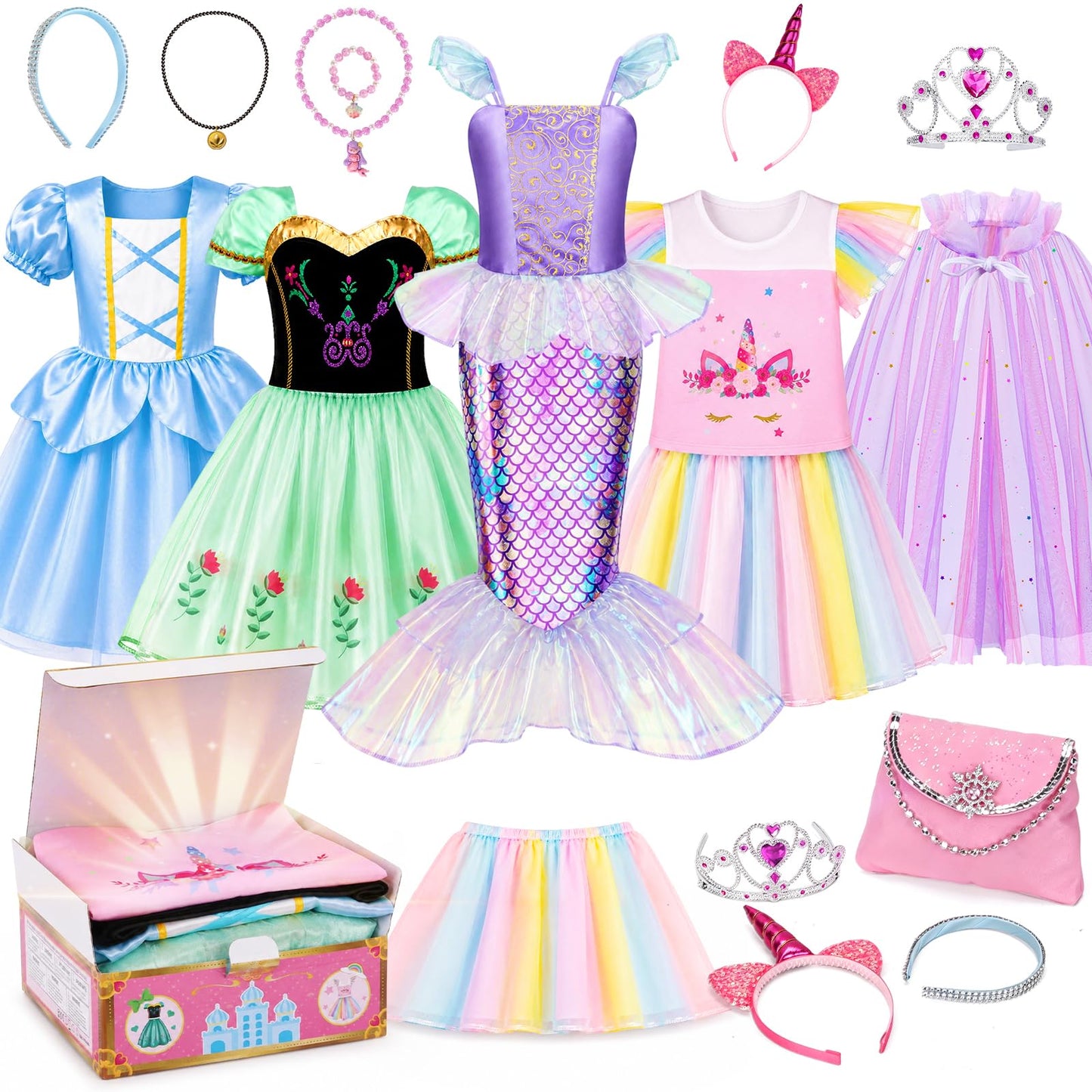 Hot Meland Princess Dress Up Trunk for Girls 3-8, 16PCS Princess Toys Set, Pretend Play Gift for Birthday, Christmas, Halloween