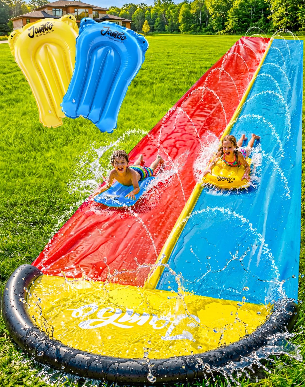 HotJAMBO Premium Triple Water Slide with 3 Bodyboards, 20Ft Heavy Duty Slip Splash and Slides-Advanced 3-Way Sprinkler System, Splash Pad Mat Backyard Summer Outdoor Water Toys n Long Slides for Kids
