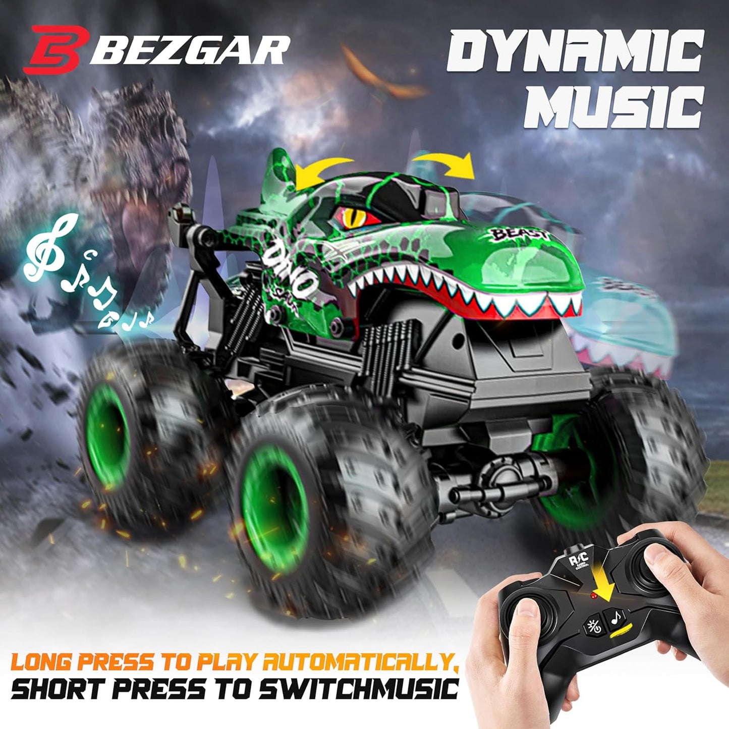 HotBEZGAR Monster Truck Toys - Remote Control Monster Truck with Light & Music, Dinosaur Toys for Kids, 1:20 Scale RC Truck with 360° Spins and Drifting, Remote Control Car for Boys 4-7