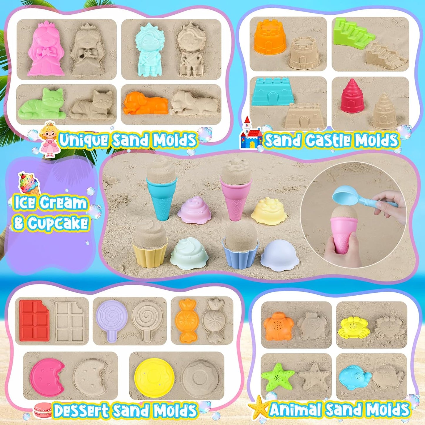 Hot EULRGAUS Beach Toys, 36 PCS Sand Toys with Construction Vehicles, Collapsible Bucket, Princess & Prince and Ice Cream Toys, Sand Castle Building Kit, Beach Shovel, Beach Games for Kids, Boys and Girls