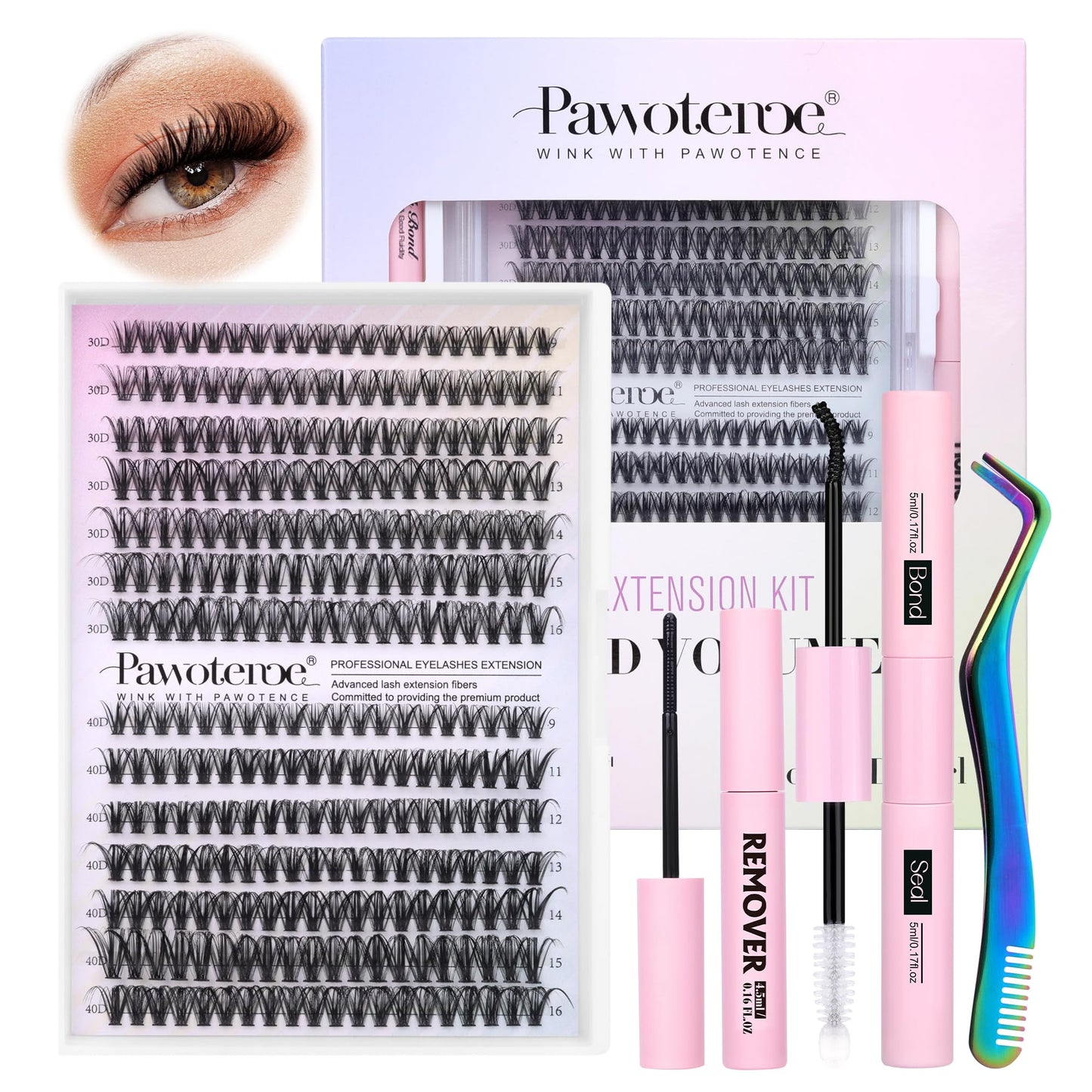 HotPawotence Lash Extension Kit DIY 280pcs Lash Clusters Eyelash Extension Kit, 9-16mm 30D 40D Individual Lashes Kit with Lash Bond and Seal, Lash Tweezers for Self Use (30D&40D, 0.07D, 9-16mm, Kit)