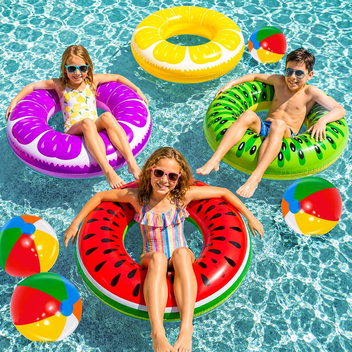 Hot 8 Pack Inflatable Pool Floats, Pool Toys for Swimming Pool Party Kids Adults 4 Pcs Fruit Swim Tube Rings & 4 Pcs Beach Balls Pool Floaties Summer Lake Hawaiian Beach Luau Party Decorations Water Fun