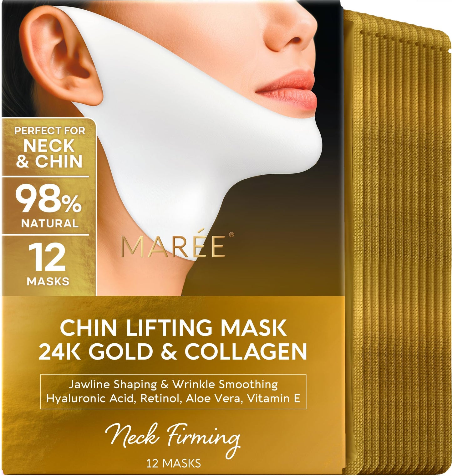 HotMAREE V Line Lifting Mask with 24K Gold – Deep Collagen Face Mask for Women – Jawline Shaper Mask with Retinol & Hyaluronic Acid – Neck Tightening & Firming - Double Chin Strap for Face Lift