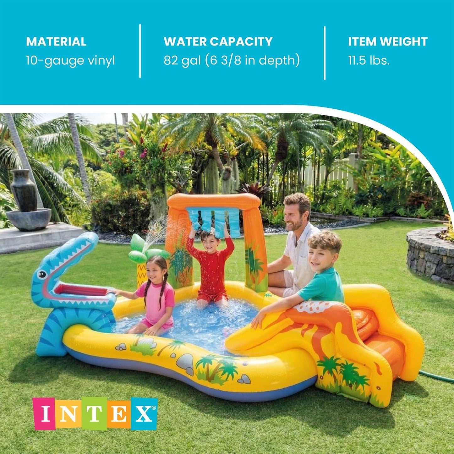 Hot INTEX 57444EP Dinosaur Inflatable Kiddie Pool: Inflatable Kids Pool with Water Sprayer and Slide – Kids Playhouse – 98" x 75" x 43" – Ages 2+