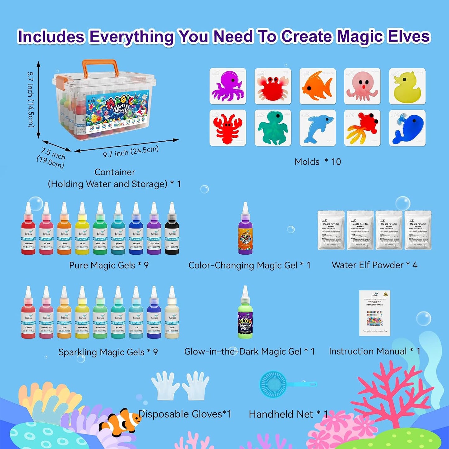 Hot Kiditos Magic Water Elf Toy Kit – Squishies for Kids, 20 Gels & 10 Molds, Magic Gel Water Pets Sensory DIY Craft Kit, Party Favors & Summer Gifts for Kids Ages 3+