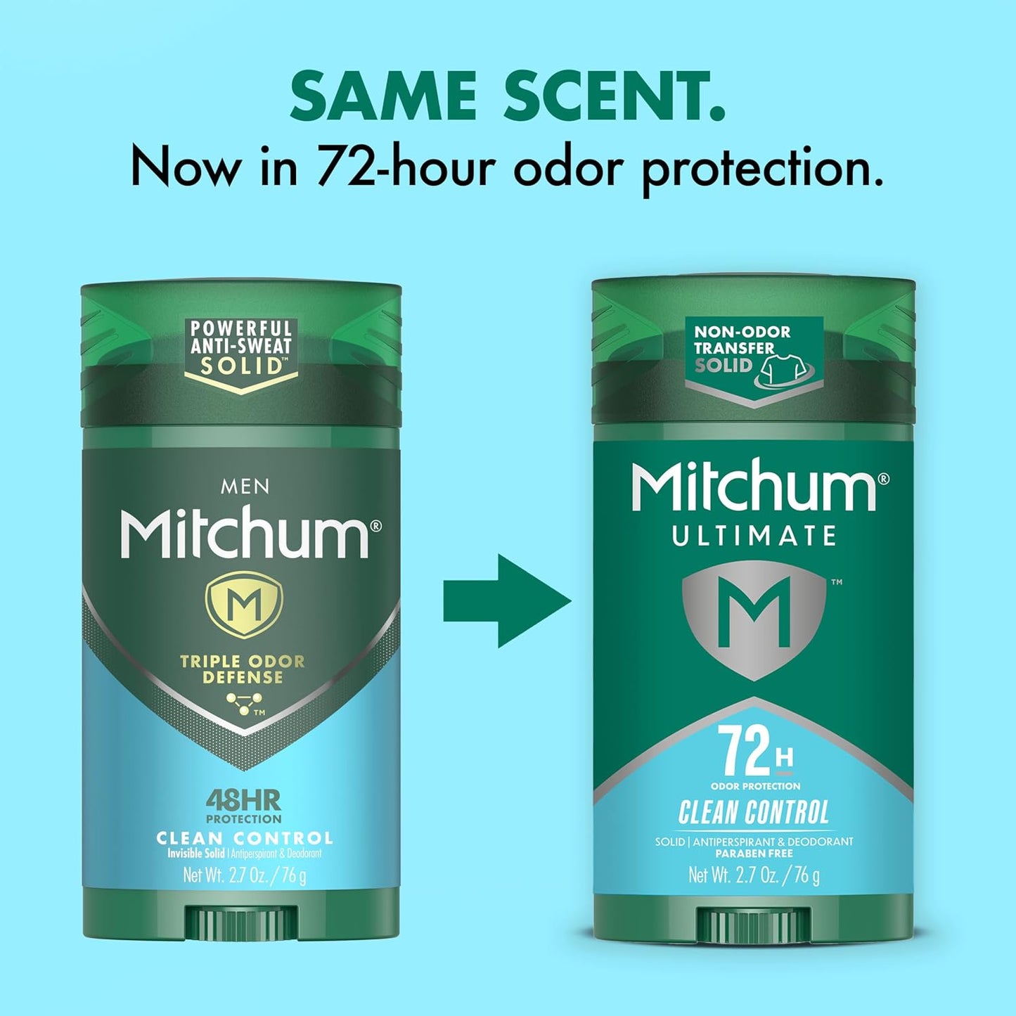 HotMitchum Ultimate 72HR Odor Protection Men’s Antiperspirant & Deodorant, Long-Lasting Freshness, Invisible Solid, No White Residue Left on Skin, Clean Control, 2 pack