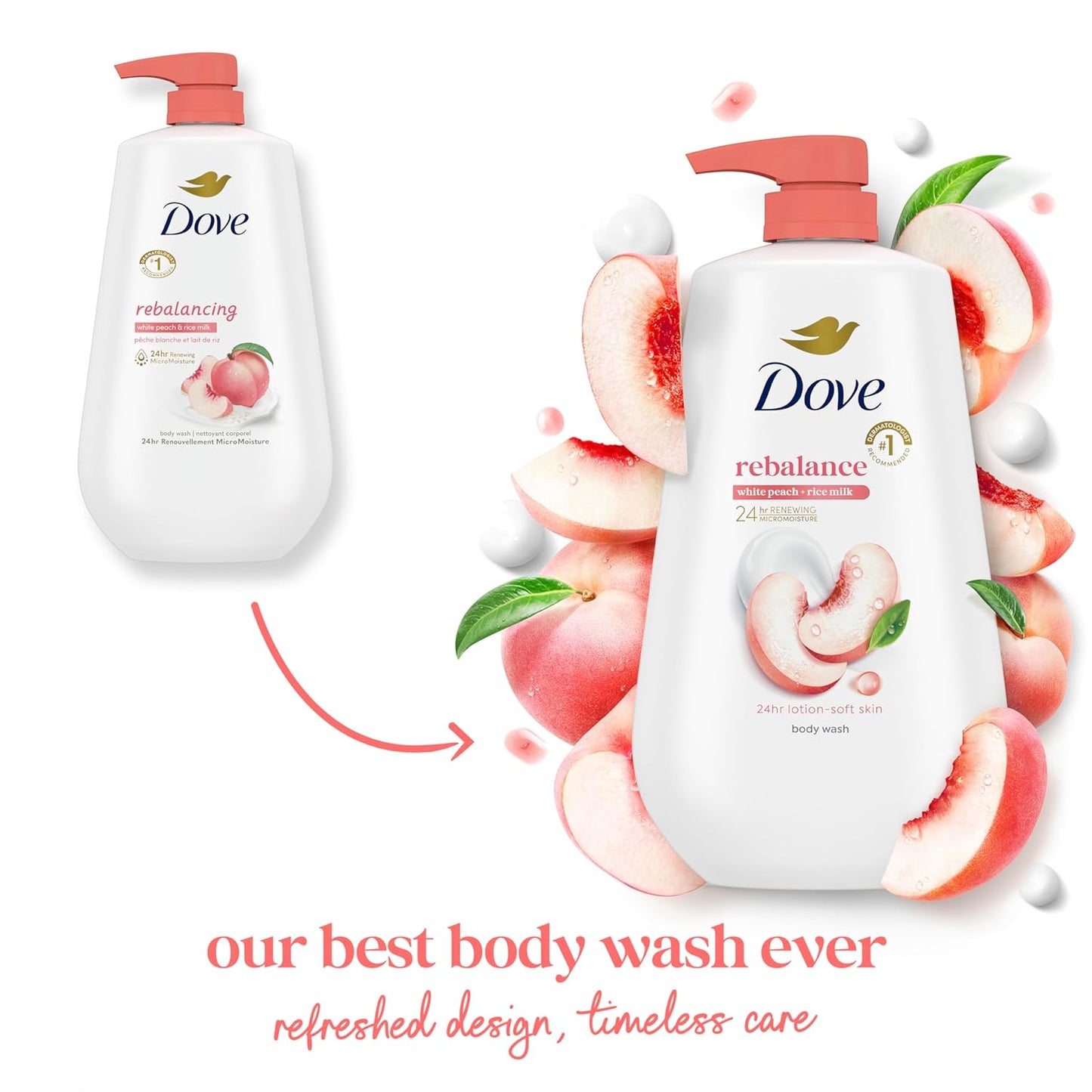 HotDove 24hr Lotion Body Wash Rebalance White Peach & Rice Milk, 30.6 oz | Moisturizing body wash with MicroMoisture and a calming peach scent