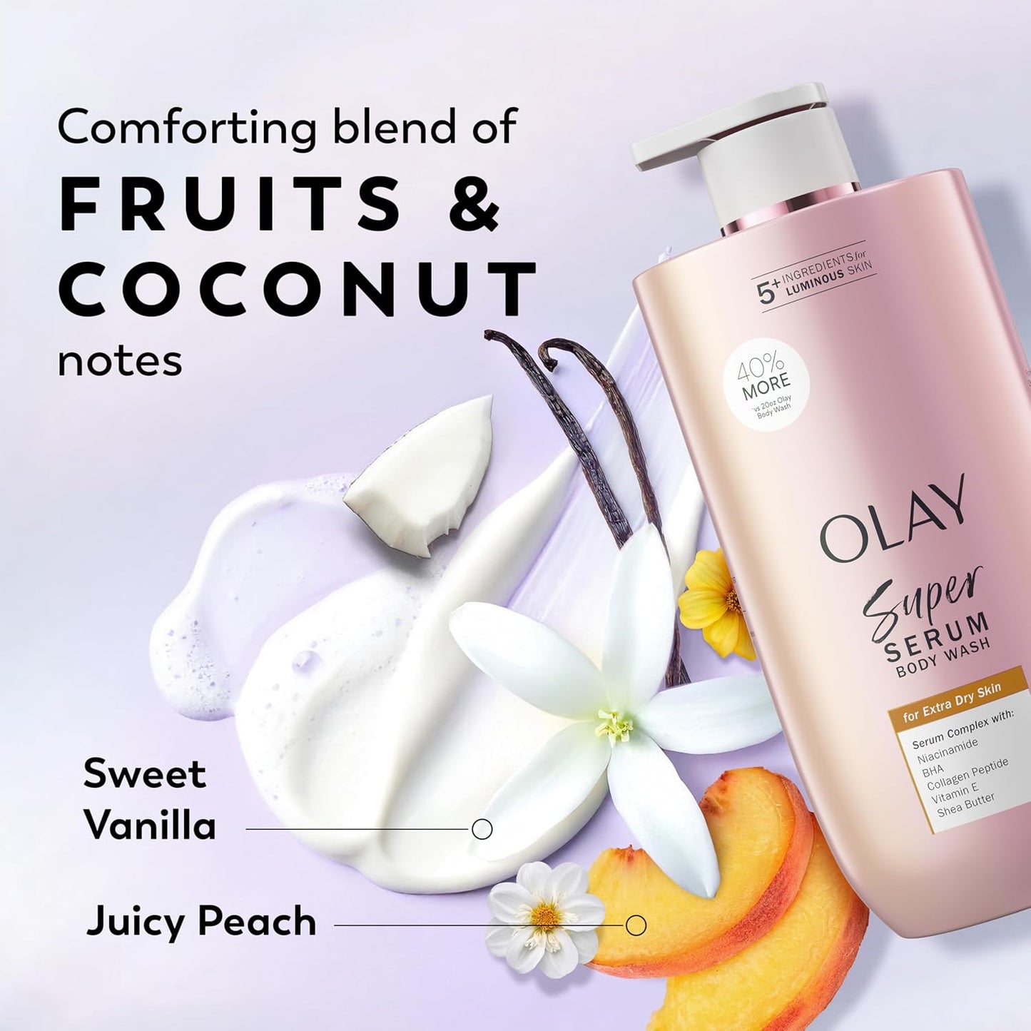 HotOlay Super Serum Body Wash for Extra Dry Skin, 24hr Long Lasting Rich Hydration, 5+ Ingredient Complex for Bright, Even, Firm, & Luminous Skin, with Collagen Peptide, Vitamin C & Shea Butter, 28 fl oz