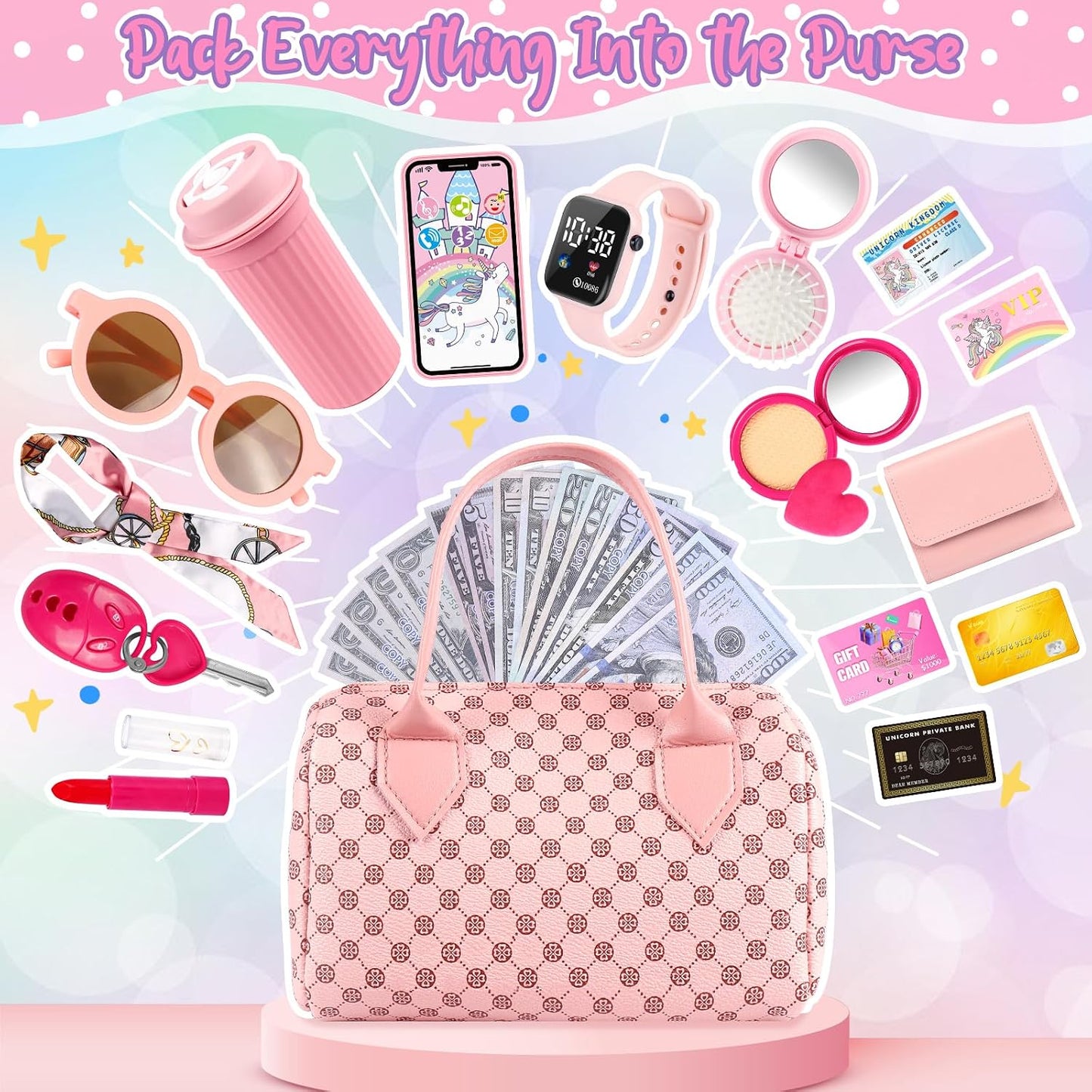 HotOisacirg Play Purse for Little Girls, 32PCS Toddler Purse with Pretend Makeup for Kids, Princess Toys Includes Handbag, Phone, Wristwatch, Silk Scarf Kids Toy Purse Birthday Gift for Girls 3 4 5 6 +