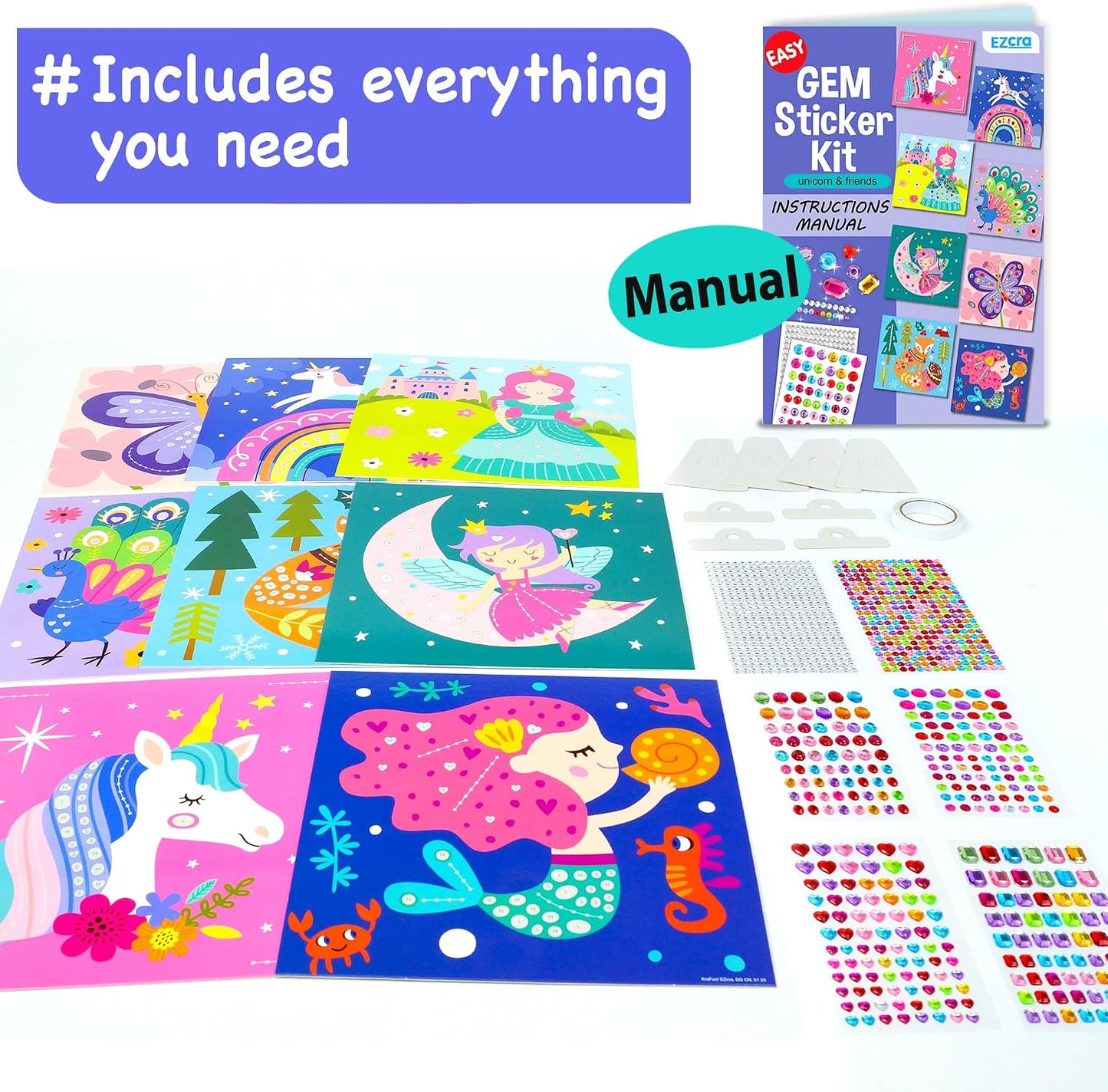 HotEZCRA Gem Sticker Kit for Kids - 990+ Stickers, 8 Unicorn Princess Themes | Diamond Art Stickers and Gem Craft Set. Mess-Free and DIY Arts and Crafts. Birthday and Holiday Gift for Girls Ages 3-8.