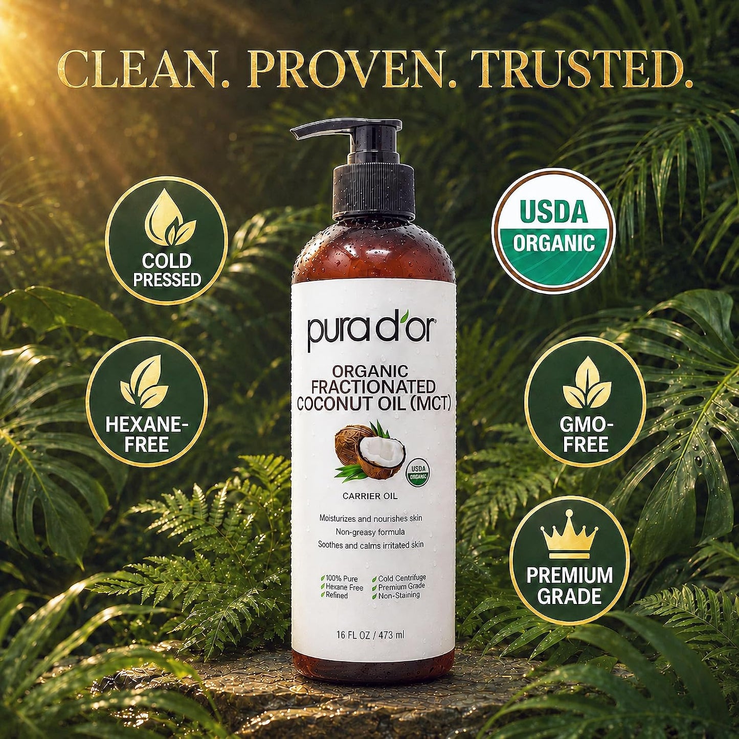 HotPURA D'OR ORGANIC Fractionated Coconut Oil MCT Oil (16 Oz) 100% Pure & Natural USDA Certified