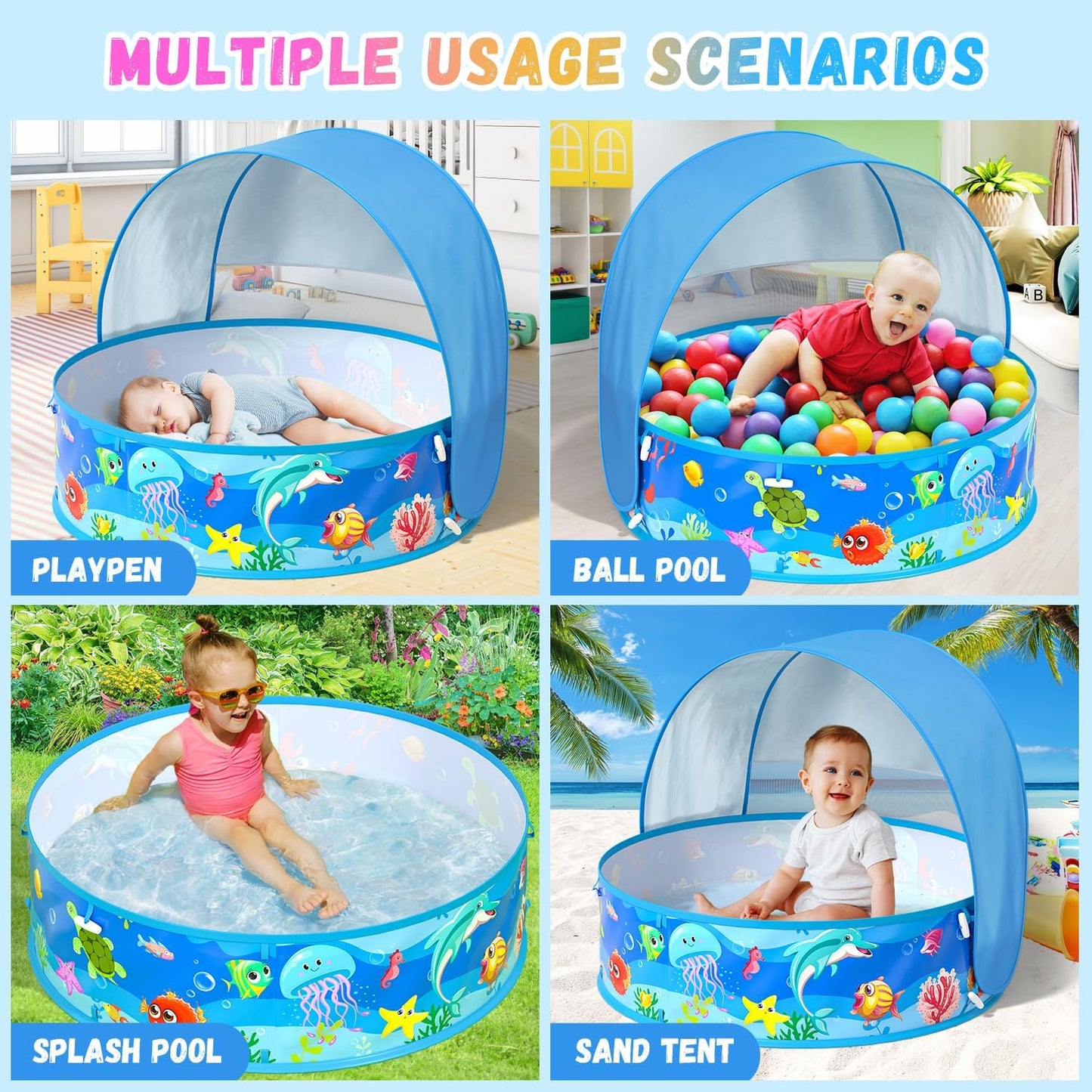 Hot Baby Pool with Canopy Foldable Kiddie Pool with Sun Shade Pools for Toddlers Baby Beach Essentials Pop Up Tent Swimming Wading Pools Portable Summer Water Play for Indoor Outdoor Beach Backyards