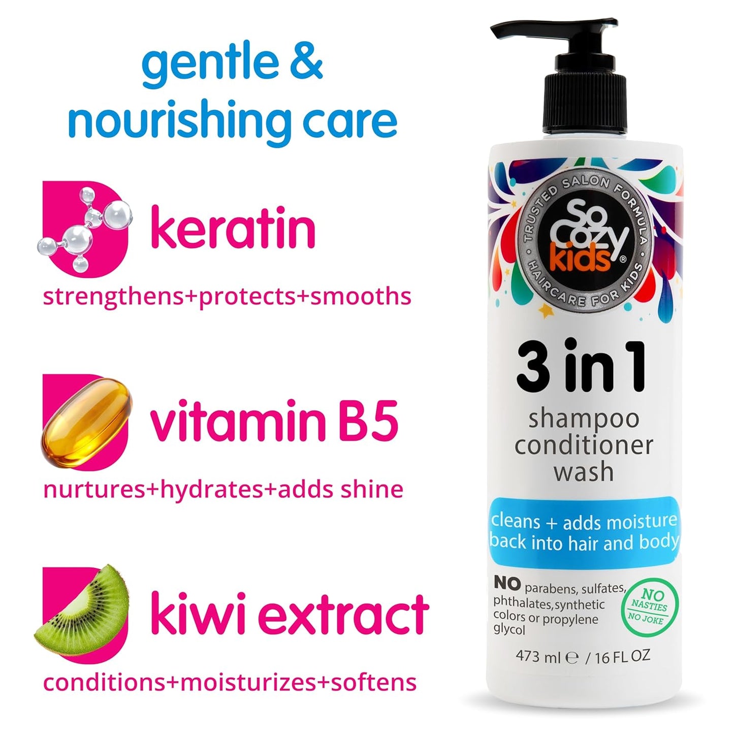 HotSoCozy 3 in 1 Kids Shampoo + Conditioner + Body Wash (16 Fl Oz) Gentle, Hydrating Hair & Body Cleanser with Keratin, Vitamin B5, & Kiwi Extract, Paraben & Sulfate-Free
