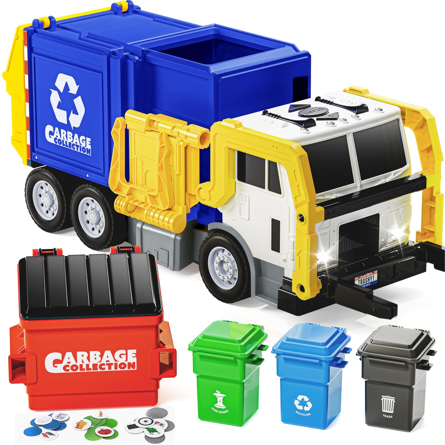 HotJOYIN Large Friction Powered Garbage Truck Toy Set, Includes 1 Dumpster, 3 Trash Bins, and 30 Learning Cards for Kids, Boy Toys Birthday Gift, Green