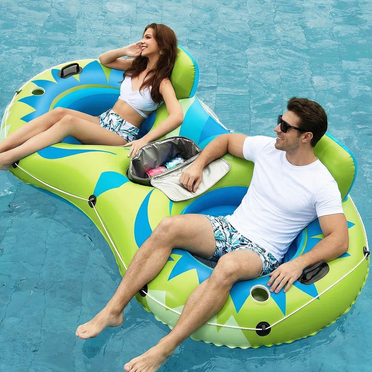 Hot Jasonwell Heavy Duty 2 Person Inflatable River/Pool Tube Float with Removable Cooler, Tubes for Lake, Floating River Raft Lounge Floatie with 2 cup Holders For Adults, Cyan