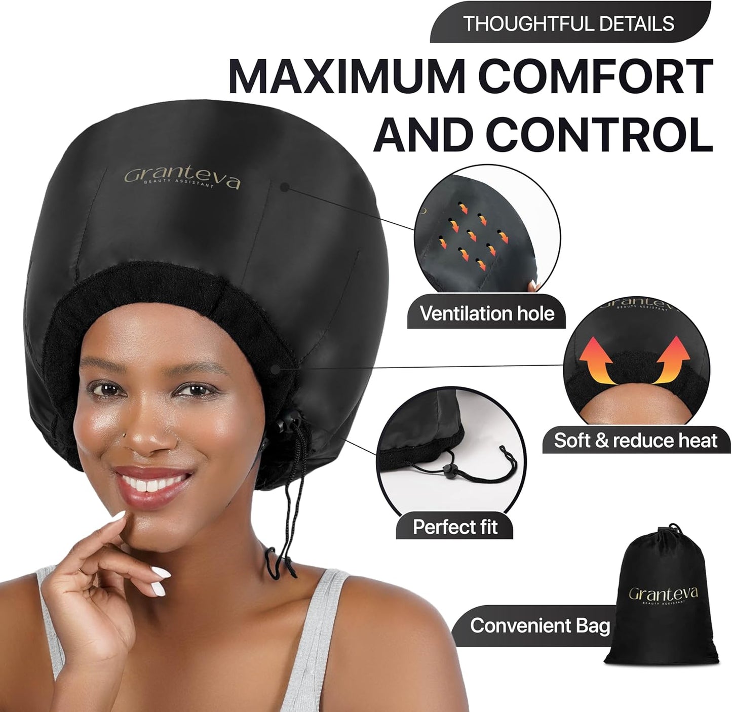 HotHooded Hair Dryer Attachment w/A Headband Integrated That Reduces Heat Around Ears & Neck - Hair Dryer Hooded Diffuser Cap for Curly, Speeds Up Drying Time, Deep Conditioning At Home - Portable, Large