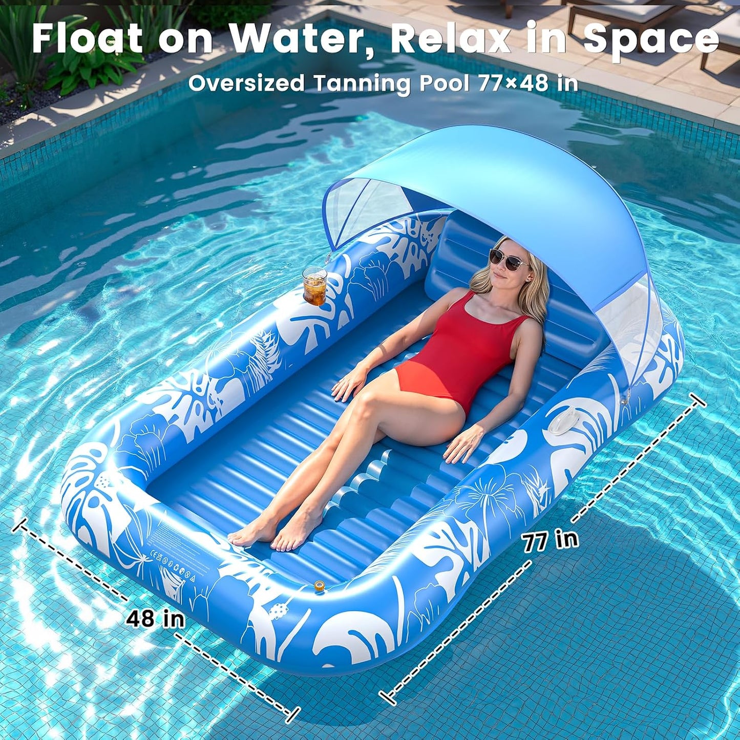 HotInflatable Tanning Pool Lounger Float with Sprinkler & Canopy UPF50+, 77" x 48" Extra Large Tanning Pool Float for Adults, Sunbathing Water Lounge Bed with Pillow & Cup Holder for Backyard & Pool