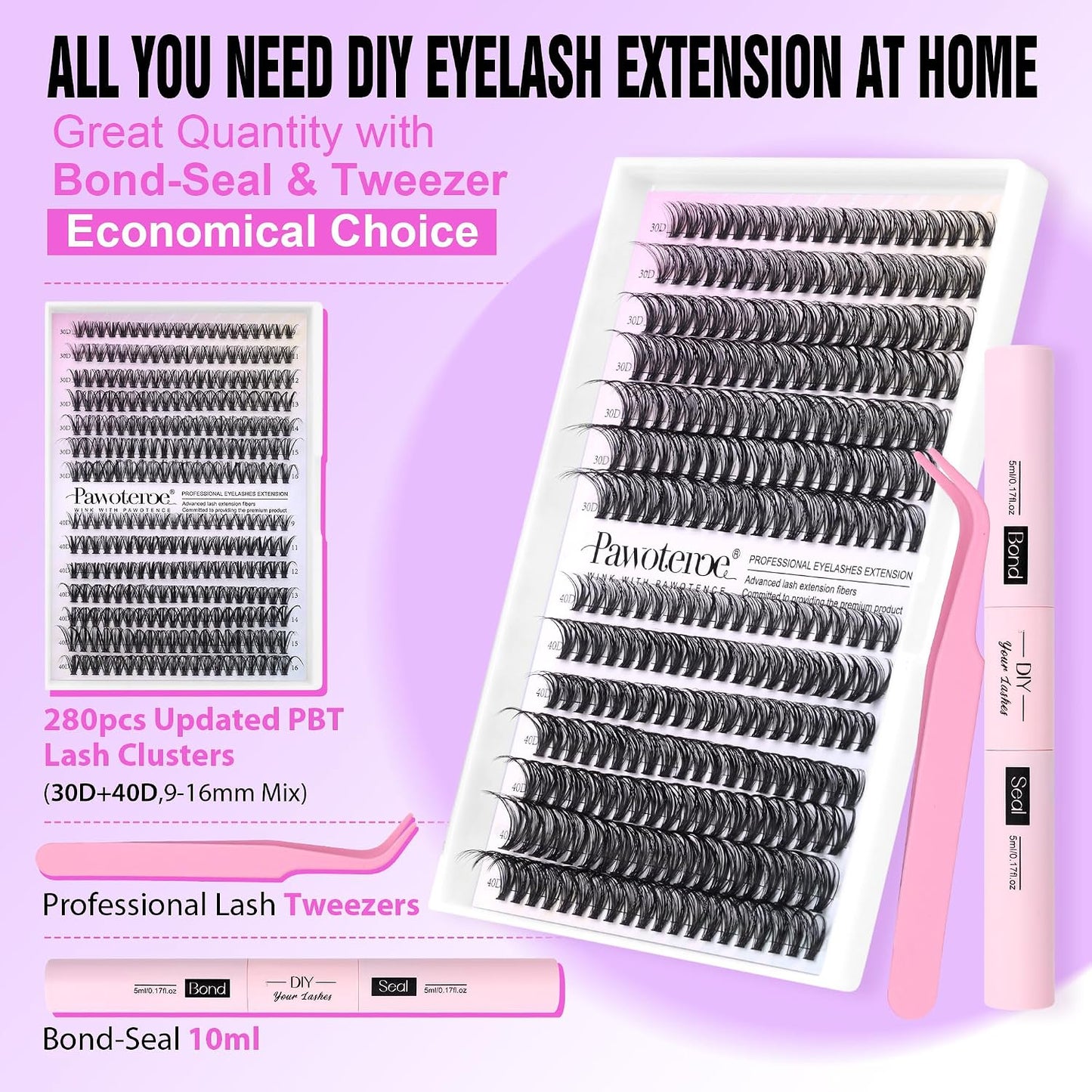 HotPawotence Lash Extension Kit DIY 280pcs Lash Clusters Eyelash Extension Kit, 9-16mm 30D 40D Individual Lashes Kit with Lash Bond and Seal, Lash Tweezers for Self Use (30D&40D, 0.07D, 9-16mm, Kit)
