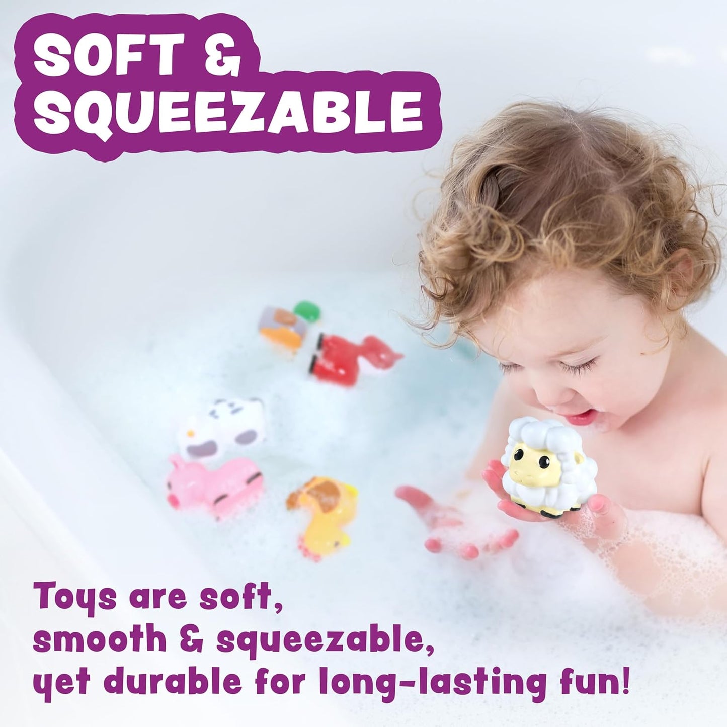 HotTub Works® Barnyard™ Mold Free Bath Toys, 6 Pack | Sealed, No Hole Bath Toys Design Keeps Moisture Out | Soft, Squeezable & Float on Water | Farm Animals Baby & Toddler Bathtub Toys | Baby Pool Toys